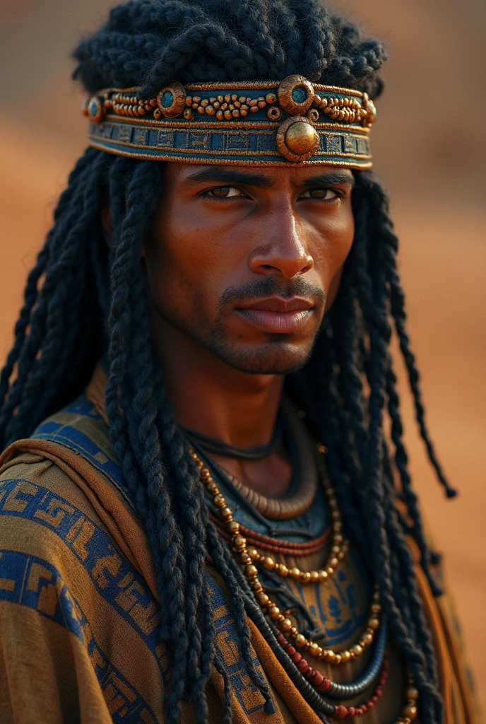 Ogun. Warrior Black man, African, afro hair, mature, beautiful, upper body, autumn forest, natural skin texture, 24mm, 4k textures, Blue turban, blue and white beaded necklace, African sword, soft cinematic light, RAW photo, photorealism, photorealistic, intricate, elegant, highly detailed, sharp focus, ((((((cinematic look)))), soft tones, insane details, intricate details, hyperdetailed, low contrast, Soft cinematic light, dark colors, exposure mix, HDR, faded --auto --s2