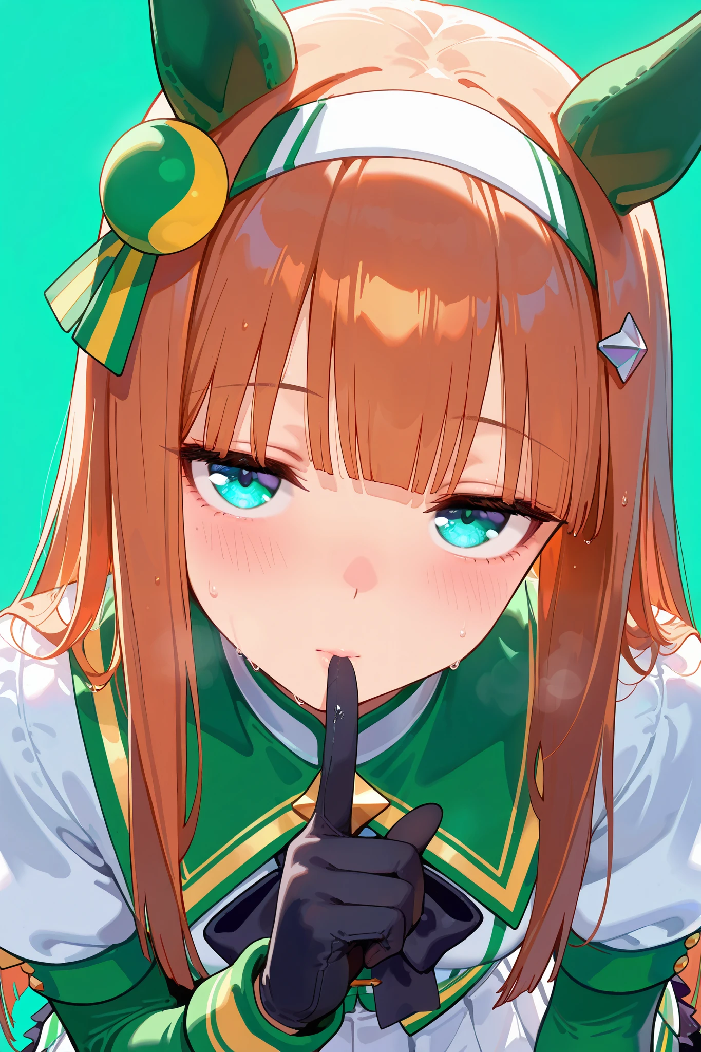 1girl,
silence suzuka (umamusume),nsfw, blush,(ultra detailed), ((masterpiece)),(best quality), (absurdres), (very aesthetic),((perfect hands)), ((detail body)),a masterpiece portrait of a woman with ultra detailed features, in 8K resolution, with crisp quality and vibrant colors,Trending on ArtStation, long_eyelashes/mascara,anime-style illustration,big eyes,shiny skin,jitome, wet eyes, upturned eyes, chin up ,close up, sweat,head tilt,
black gloves, white skirt, pleated skirt, black pantyhose, layered sleeves, puffy short sleeves, short over long sleeves, black bow, mismatched footwear, asymmetrical footwear,finger to mouth,green background,