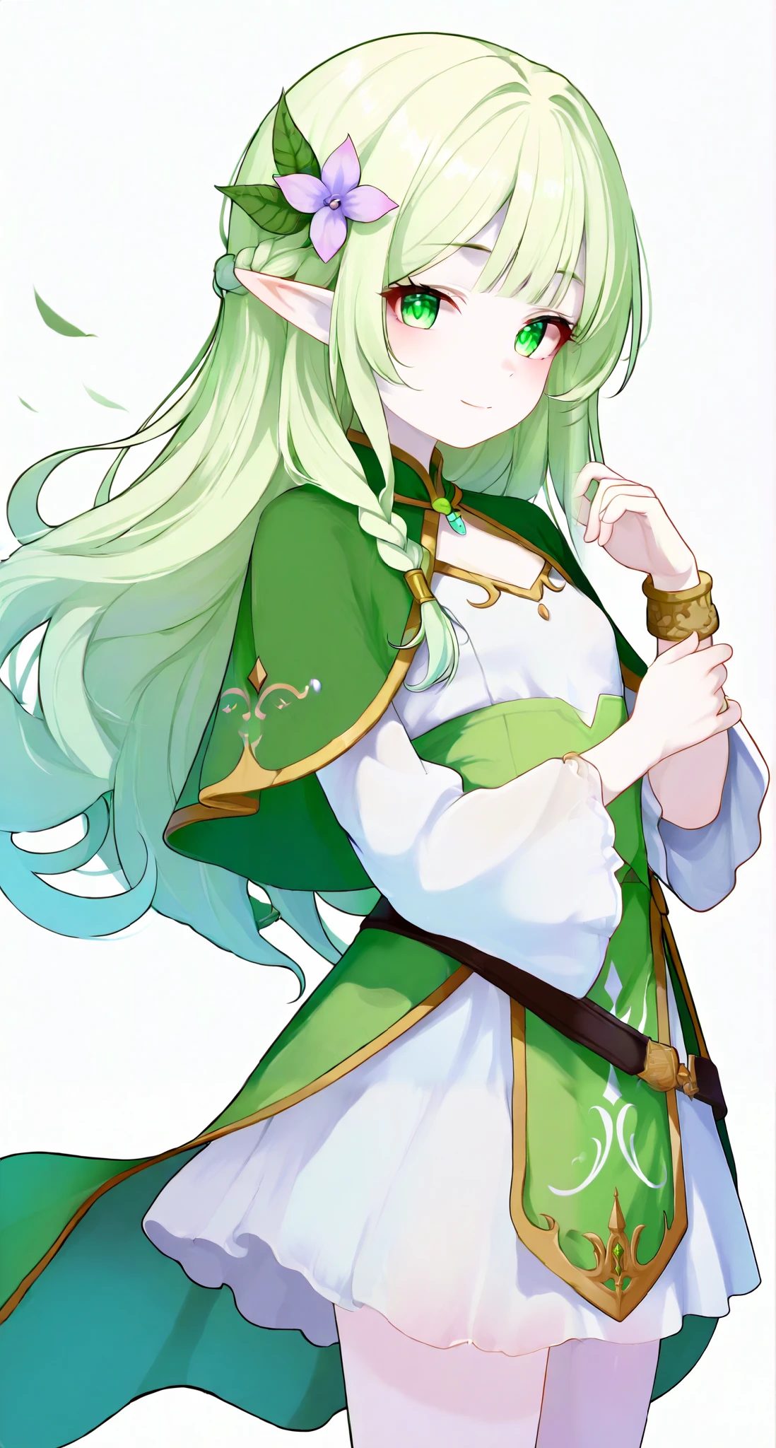 A graceful and ethereal young elf, with pale skin and long light green hair, silky and slightly wavy. Her eyes are of a soft lilac shade, conveying a calm and mysterious look. She has elongated and pointed ears, typical elves , and a hairstyle with a delicate side braid adorned with small ornaments.