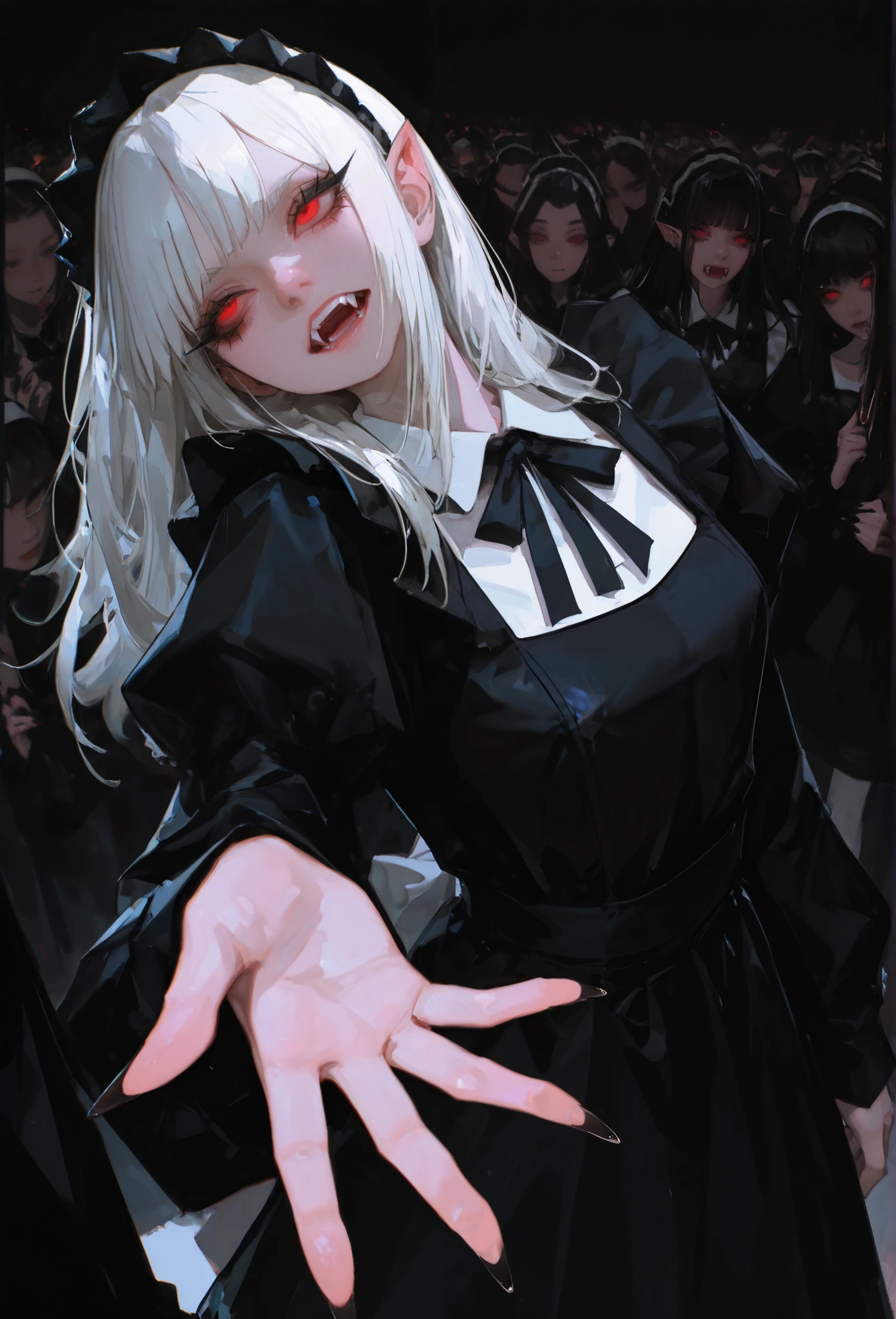 masterpiece, is best, high quality, is very beautiful, ridiculous, latest,
1 Girl, alone,
White hair,
Pointed ears, Detailed Eyes, Red Eye, Fangs, pale, Black Dress, Long eyelashes, Thick eyelashes, black nails,
simple background, bangs, long hair, Head tilt, Maid outfit, gorgeous dress , apron, Hairband, Stockings,
Medium size chest,
perspective shortening , reaches out to the viewers, Hand close-up , watching the audience, Look Up, (counterposed:1.2), with ambition , Shut up, sharp nails, long fingers ,