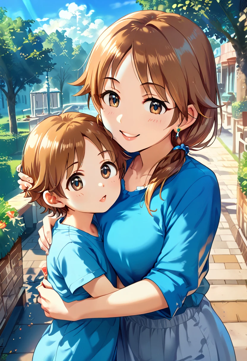 Composition from the side,1girl,1boy,face to chest,Outdoor,1girl,hug,nude,Leaning forward,smile,Brown Hair, short hair, ponytail,yellow ribbon ornament,{Flat Chest},upper body,Cleavage,Sweating profusely,Chibi,1boy,look her breast,white face,black hair,white skinned,young aged man,