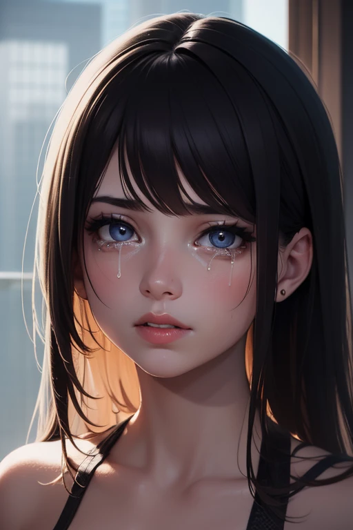 (Highest quality, 4K, 8k, High resolution, masterpiece:1.2), Very detailed, (Realistic, photoRealistic, photo-Realistic:1.37)、smile、Japanese、(Black High Neck Sleeveless Shirt)、(((Bukkake)))、Lips parted,