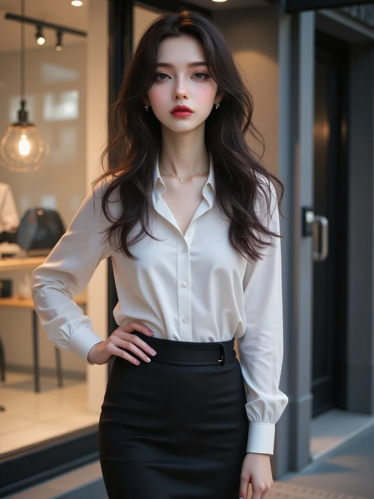 25-year-old young woman: 1.3, Long hair: 1.2, Professional skirt: 1.2, daytime: 1.2, block: 1.2, Movie Lighting, Surrealism, Ultra HD, precise, Super Detail, textured skin, High Detail, best quality, 8k
