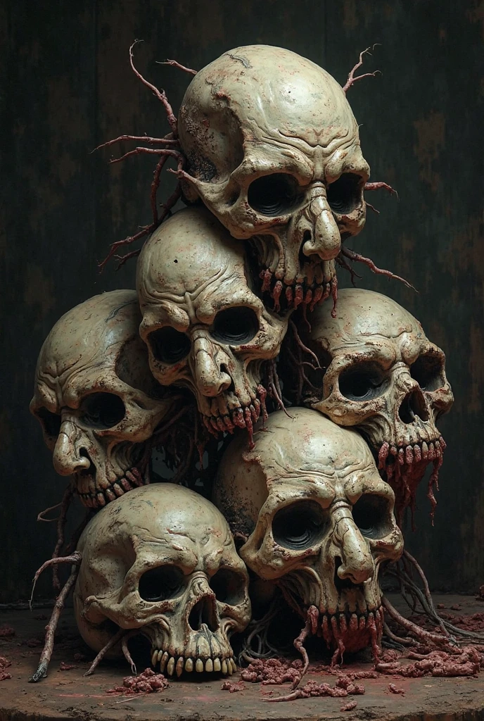 horrible humanoids of bloody flesh hanging from a chain from the ceiling