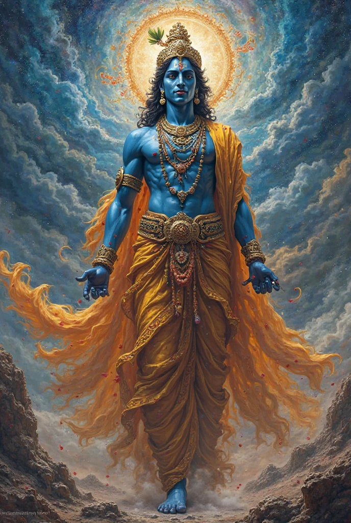 Here's a prompt you can use to generate an image of Krishna showing his Vishvarupa to Arjuna:

"A majestic scene from the Bhagavad Gita where Lord Krishna reveals his Vishvarupa (universal form) to Arjuna on the battlefield of Kurukshetra. Krishna's form is vast, containing countless faces, arms, divine beings, planets, stars, and galaxies, symbolizing the entire universe. Arjuna is shown in awe, kneeling before Krishna, who stands radiantly with a calm expression. The background includes the battlefield with chariots and warriors, emphasizing the spiritual significance of the moment." 

This prompt should work well in most image generation tools or for artists to create the scene you're envisioning.