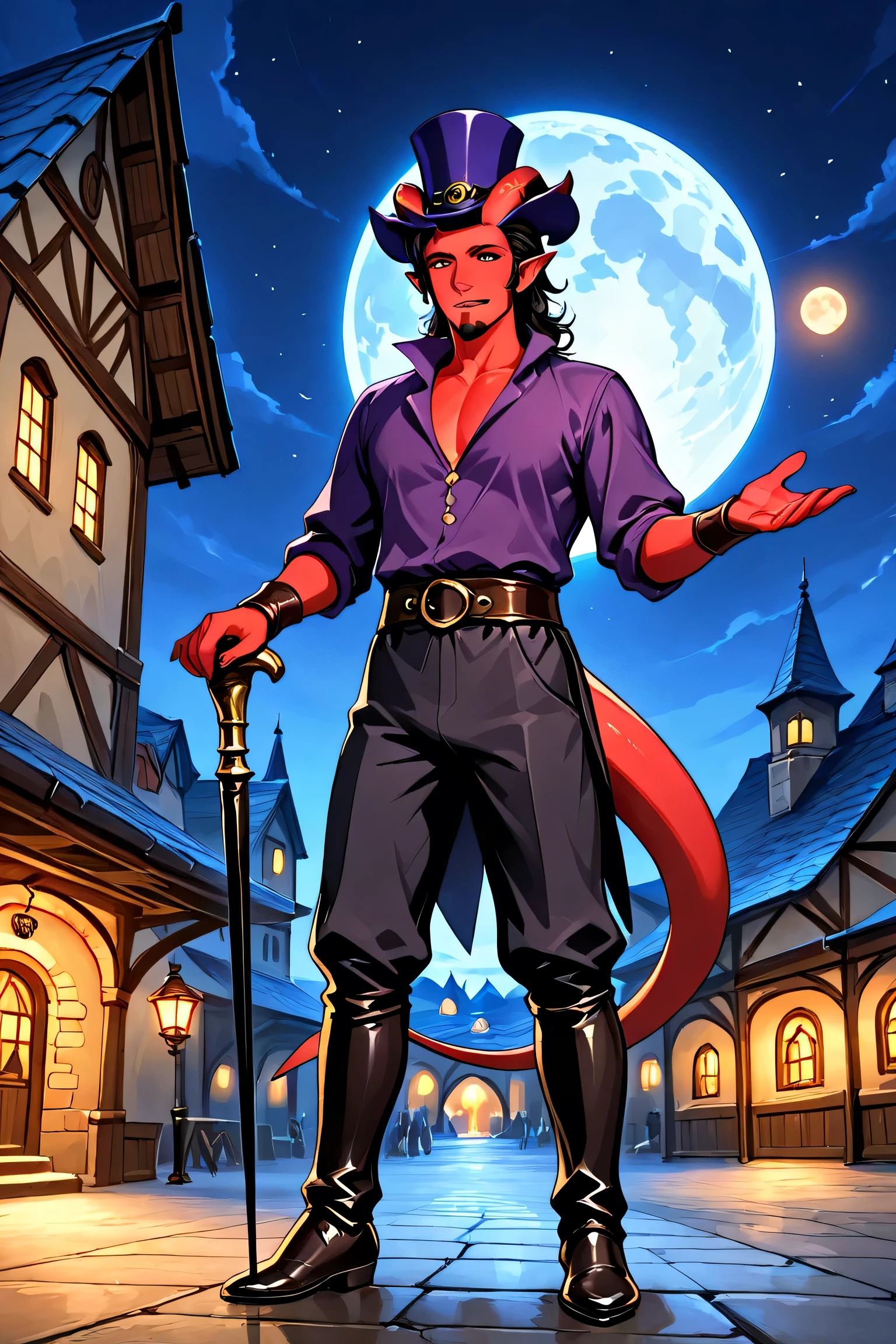 tiefling, horns, pointe ears, tail, solo, adult male, scarlet red skin, black hair, goatee, wearing bright purple top hat, (dark green colonial shirt), ((wearing black colonial era breeches)), black 18th century shoes, dazzling, charismatic, charming, holding a cane sword like a wand, rouge, trickster, ((performing in a village square near the coast)), night scene,  colonial style buildings, full moon in sky, dungeons and dragons, fantasy art, up, 