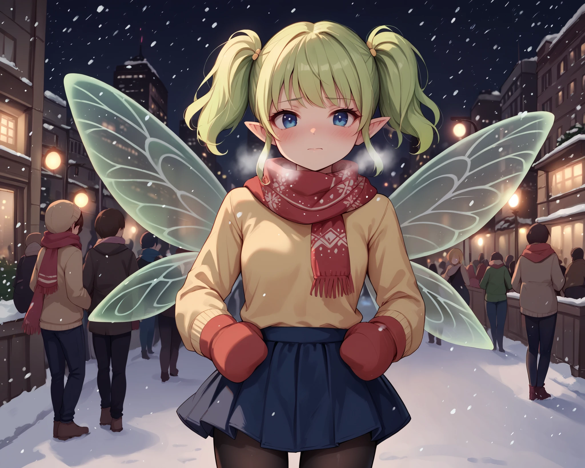 score_9_up, score_8_up, score_7_up, 1girl, solo, source_anime, fairy, FairyForm, Fairy Wings, Wings BREAK
Short twintails, fairy wings, bangs, small breasts, green hair, blue eyes BREAK
Red scarf, long sleeves, yellow sweater, red mittens, blue skirt, black pantyhose BREAK
Closed mouth, embarrased face, heavy breathing, blush, standing, looking at viewer, falling snow, outdoors, snowing, snow, urban area, city lights, (night, night sky), crowd, faceless people BREAK