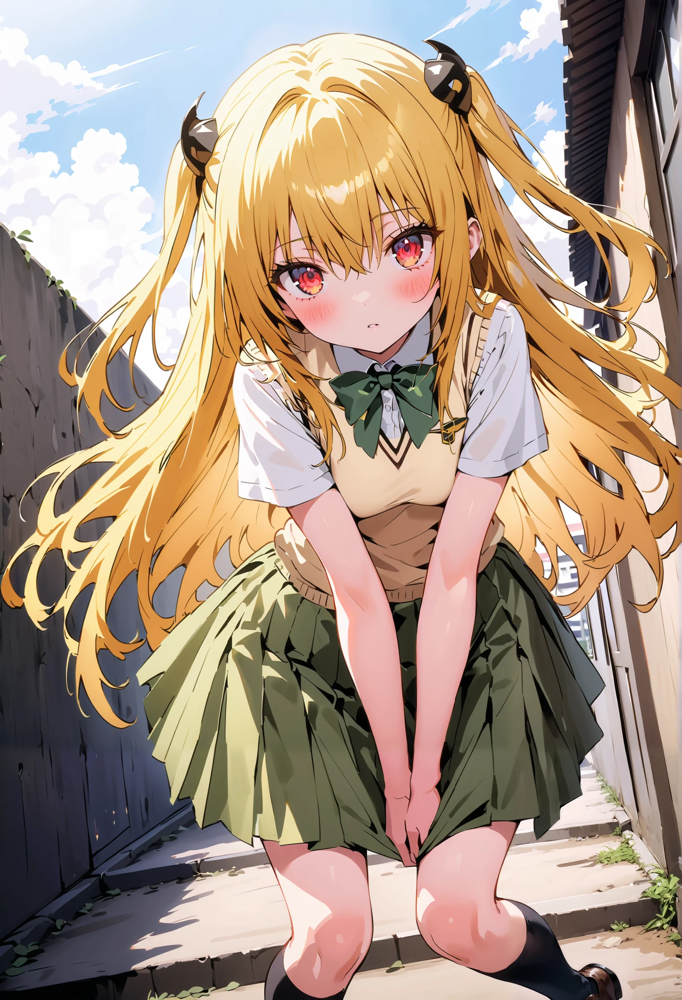 score_9, score_8_up, score_7_up, source_anime,
toloverudarkness, darkness, yellow hair , long hair, red eyes, hair ornaments close to the garden, two side up,
Sainan school uniform, shirt, white shirt, bow, green bow, skirt, green skirt, pleated skirt, short skirt,sweater , light brown sweater vest, short sleeve,Black socks,loafers, skirtタグ, eyelashes skirt tug, skirt, Lift of the Wind , mad at my anal,blush,close your mouth, staring at you,angle from below,noon,full bodyがイラストに入るように, break outdoors, School building,
break looking at viewer,full body,
break (masterpiece:1.2),Highest quality , kampala, Unity 8K Wallpaper ,(shape:0.8),( fine, beautiful eyes :1.6),It's a person ,full body写真,CG Details , ( perfect hands, complete anatomy),