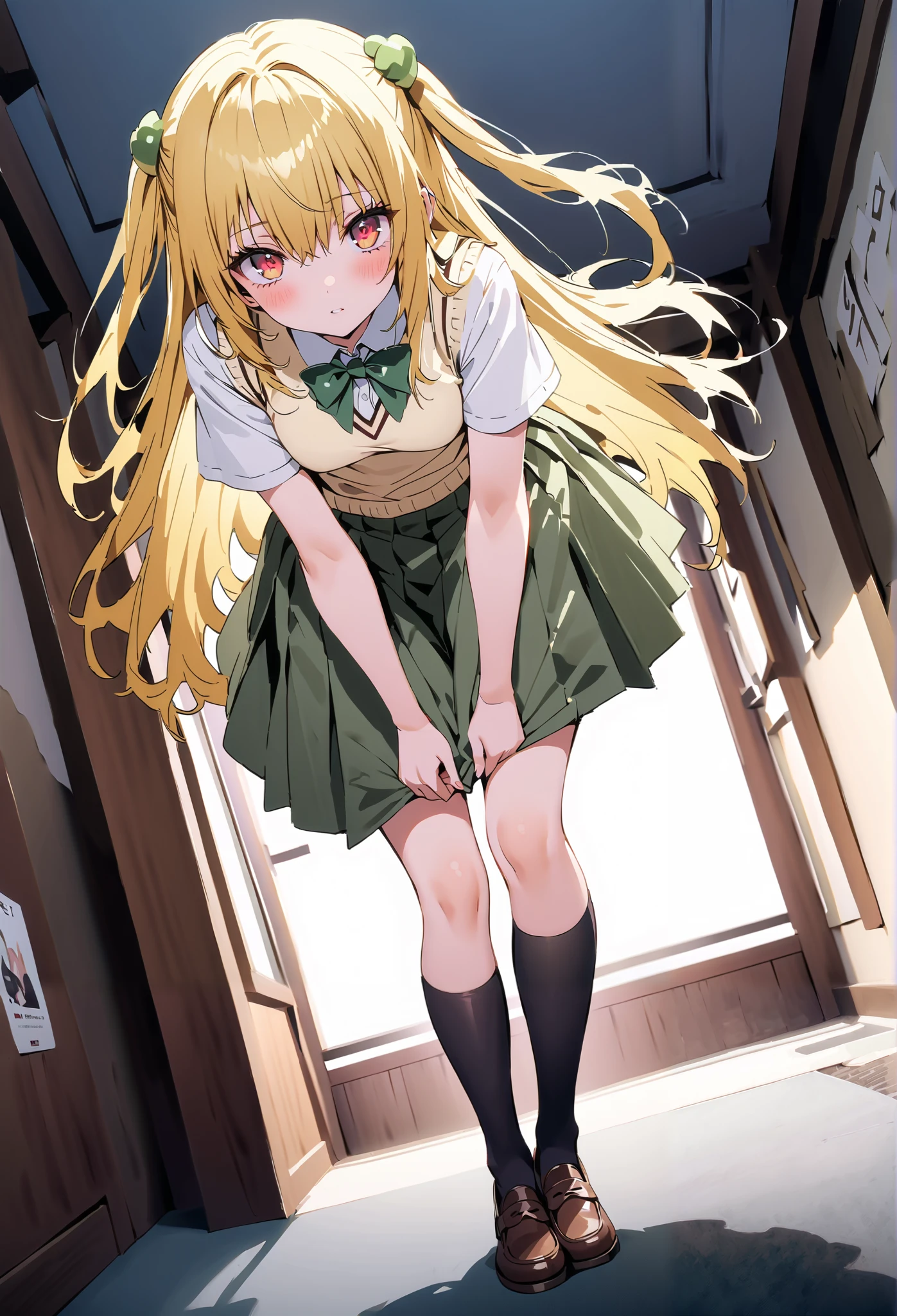 score_9, score_8_up, score_7_up, source_anime,
toloverudarkness, darkness, yellow hair , long hair, red eyes, hair ornaments close to the garden, two side up,
Sainan school uniform, shirt, white shirt, bow, green bow, skirt, green skirt, pleated skirt, short skirt,sweater , light brown sweater vest, short sleeve,Black socks,loafers, skirtタグ, eyelashes skirt tug, skirt, Lift of the Wind , mad at my anal,blush,close your mouth, staring at you,angle from below,noon,full bodyがイラストに入るように, break outdoors, School building,
break looking at viewer,full body,
break (masterpiece:1.2),Highest quality , kampala, Unity 8K Wallpaper ,(shape:0.8),( fine, beautiful eyes :1.6),It's a person ,full body写真,CG Details , ( perfect hands, complete anatomy),