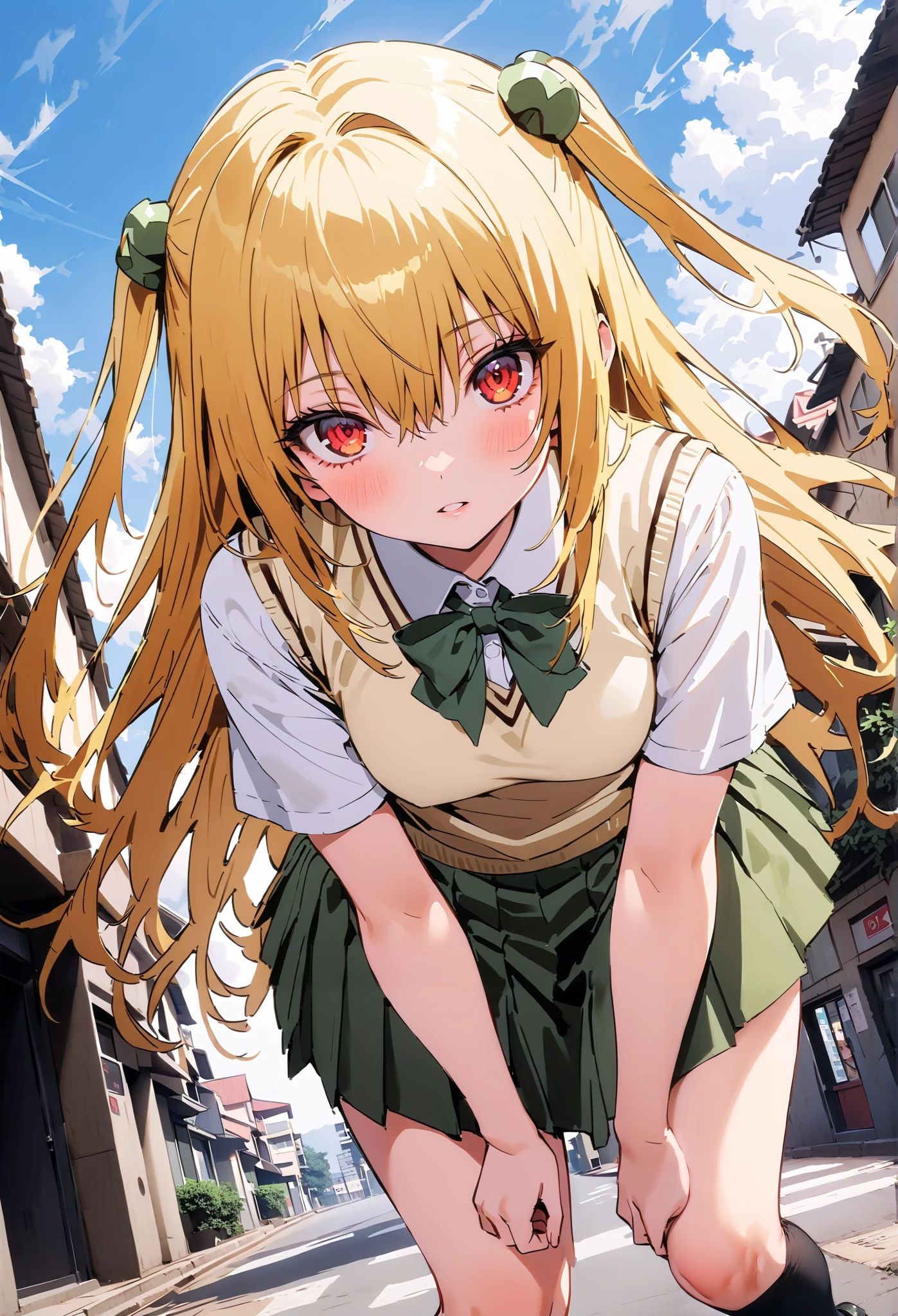 score_9, score_8_up, score_7_up, source_anime,
toloverudarkness, darkness, yellow hair , long hair, red eyes, hair ornaments close to the garden, two side up,
Sainan school uniform, shirt, white shirt, bow, green bow, skirt, green skirt, pleated skirt, short skirt,sweater , light brown sweater vest, short sleeve,Black socks,loafers, skirtタグ, eyelashes skirt tug, skirt, Lift of the Wind , mad at my anal,close your mouth, staring at you,angle from below,noon,full bodyがイラストに入るように, break outdoors, School building,
break looking at viewer,full body,
break (masterpiece:1.2),Highest quality , kampala, Unity 8K Wallpaper ,(shape:0.8),( fine, beautiful eyes :1.6),It's a person ,full body写真,CG Details , ( perfect hands, complete anatomy),