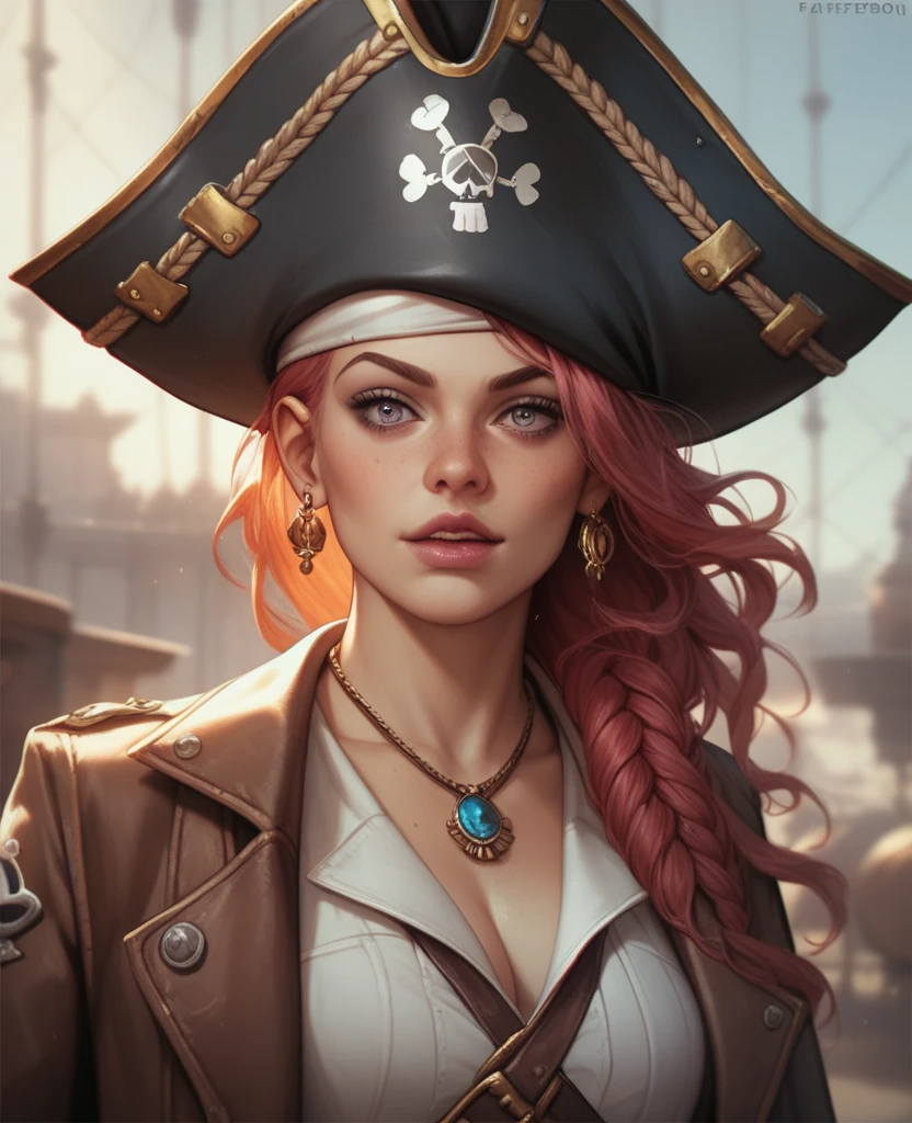 best quality, super fine, 16k, incredibly absurdres, extremely detailed, 2.5D, delicate and dynamic, beautiful woman, (eye patch), wearing pirate costume, accessories, captivating look, superlative body proportion, iridescent, kaleidoscope of pirate era and seascape backgrounds that combines steampunk, clockpunk, dieselpunk and cyberpunk