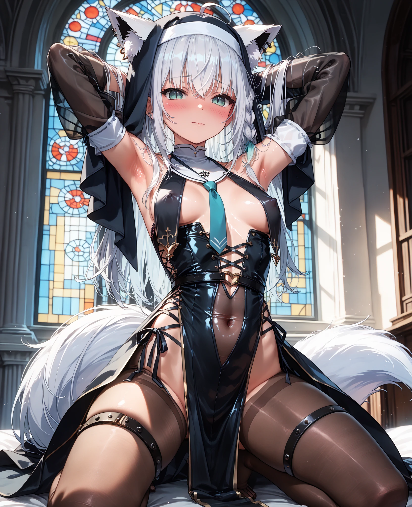 masterpiece, highest quality, highest resolution, clear_image, detailed details, White hair, long hair, cat ears, 1 girl, red eyes, white lab coat (with a black short skirt), white pantyhose, white scarf (around the neck), gray futuristic halo, futuristic wings, cute, full body, no water marks, laboratory, no extra limps, no extra body