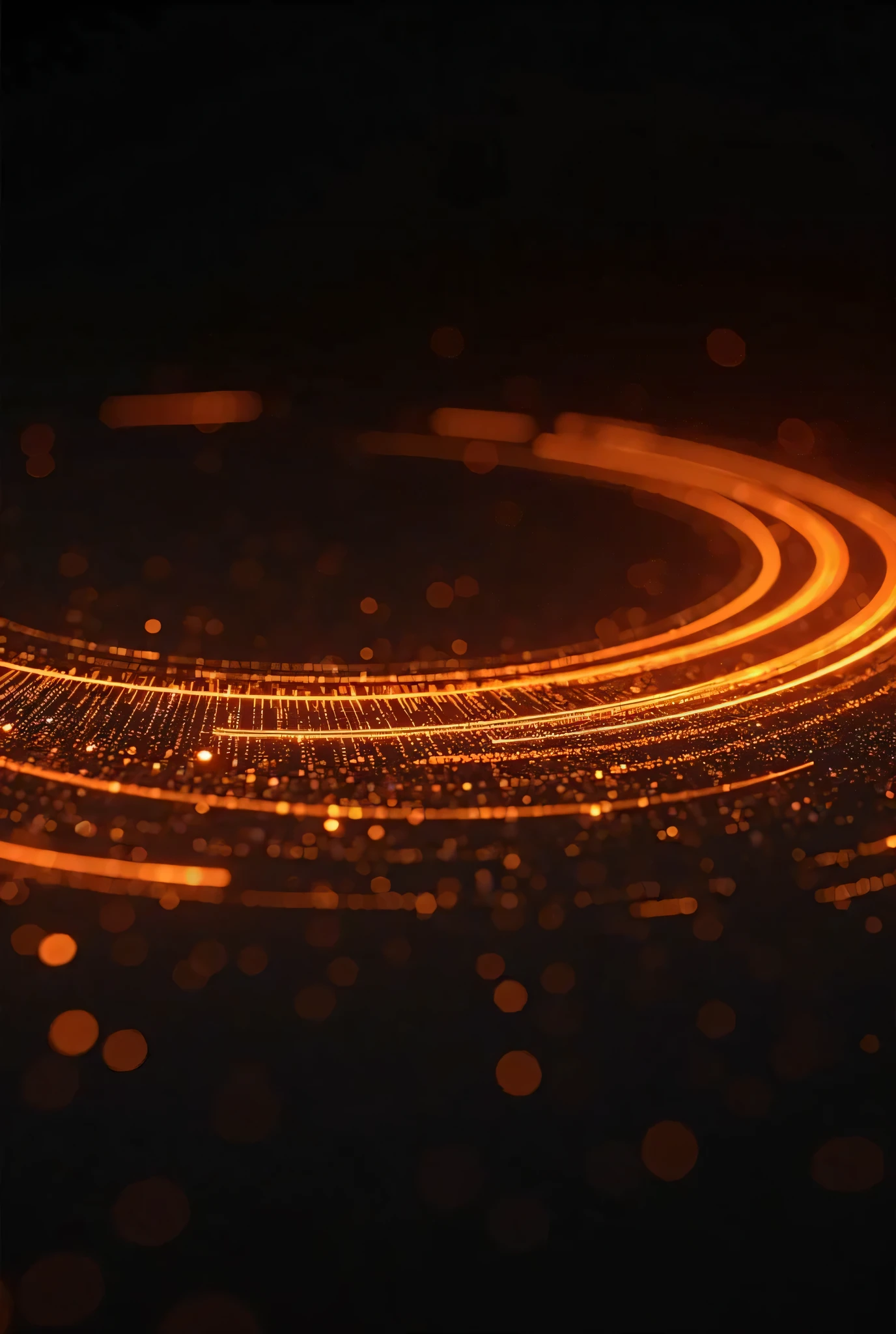 Design an abstract digital interface in strip form with glowing orange curved lines forming a circular motion, giving a futuristic and high-tech aesthetic on solid black background.
