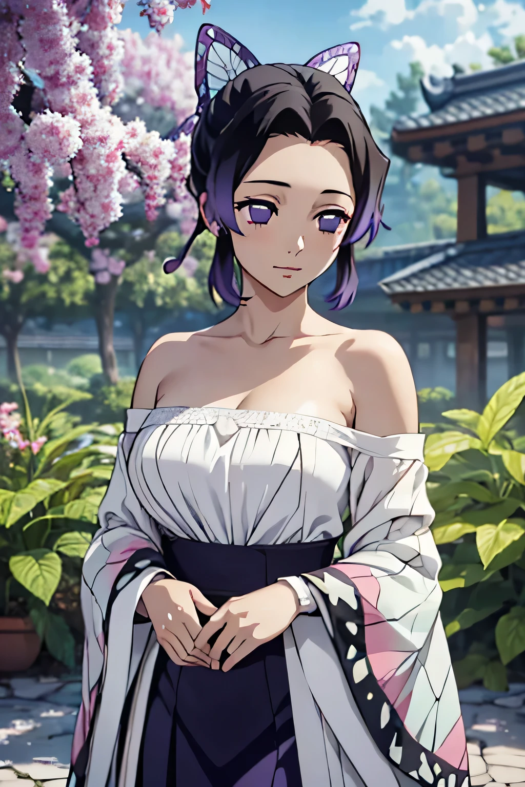Ultra-realistic 8k CG, masterpiece,((very detailed background, delicate pattern,complicated details)),best quality, masterpiece, very detailed background, delicate pattern,Superb craftsmanship and attention to detail, Very detailed face,very detailed eyes and face,, Extremely Fine Particles ,Kocho Shinobu, Multicolor Hair, No bangs , hair intake ,purple eyes, uri, butterfly, band,(Heatband garden:1.2), purple flower ,mostly cloudy null, sunshine, Tyndall phenomenon ,slope_null,face,beautiful null,Sabre on waist, seductive posture ,(Chest:1.3), Décolletage , ( off-shoulder outfit:1.6), down blouse that shifts the chest, thighs, white skin