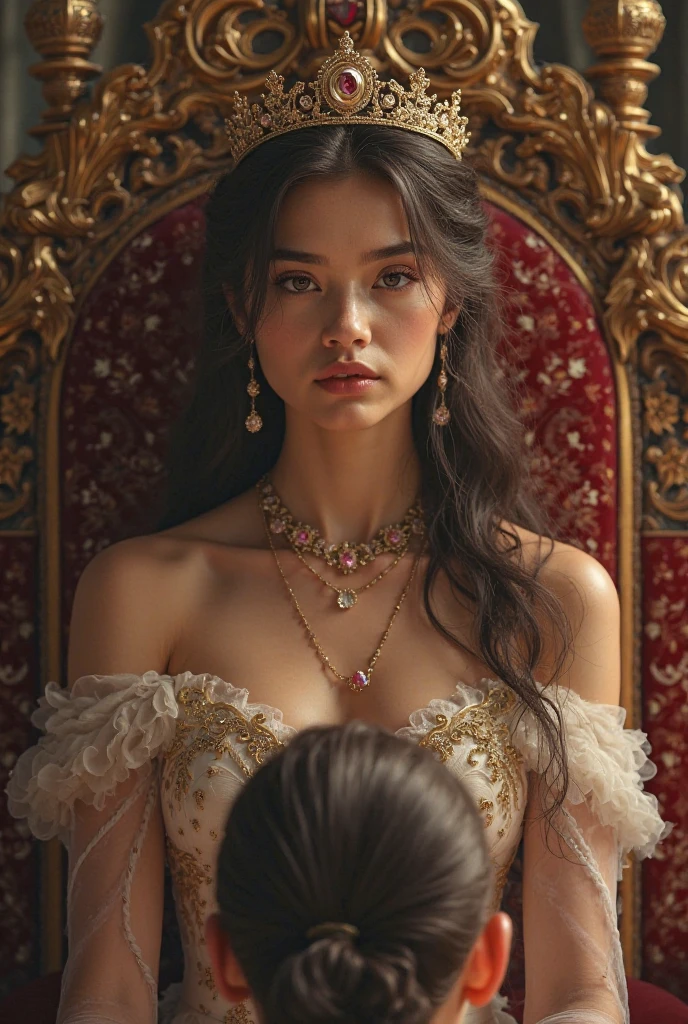 A classical oil painting with vibrant acrylic colors, showing a beautiful noblewoman seated on a regal red and gold throne in an opulent palace room. The background features dark green and gold walls, intricate wooden carvings, and a velvet curtain with golden tassels beside a tall window. The woman has fair skin with a gentle glow, long dark chestnut brown hair styled in soft waves, parted in the middle. Her expression is calm and stoic, embodying inner strength and dignity. She wears a luxurious off-shoulder ivory gown with translucent puffed sleeves and fine lace trimming. Around her neck are layered silver necklaces, one with a heart-shaped pendant. Her gaze is steady and direct, exuding noble grace. Visible brushstrokes give texture to the fabric and skin, and light softly illuminates her face from the window. The composition places the subject centrally with her upper body framed in grid areas 4 and 8. The overall style is reminiscent of 18th-century portraiture, majestic yet emotionally restrained.