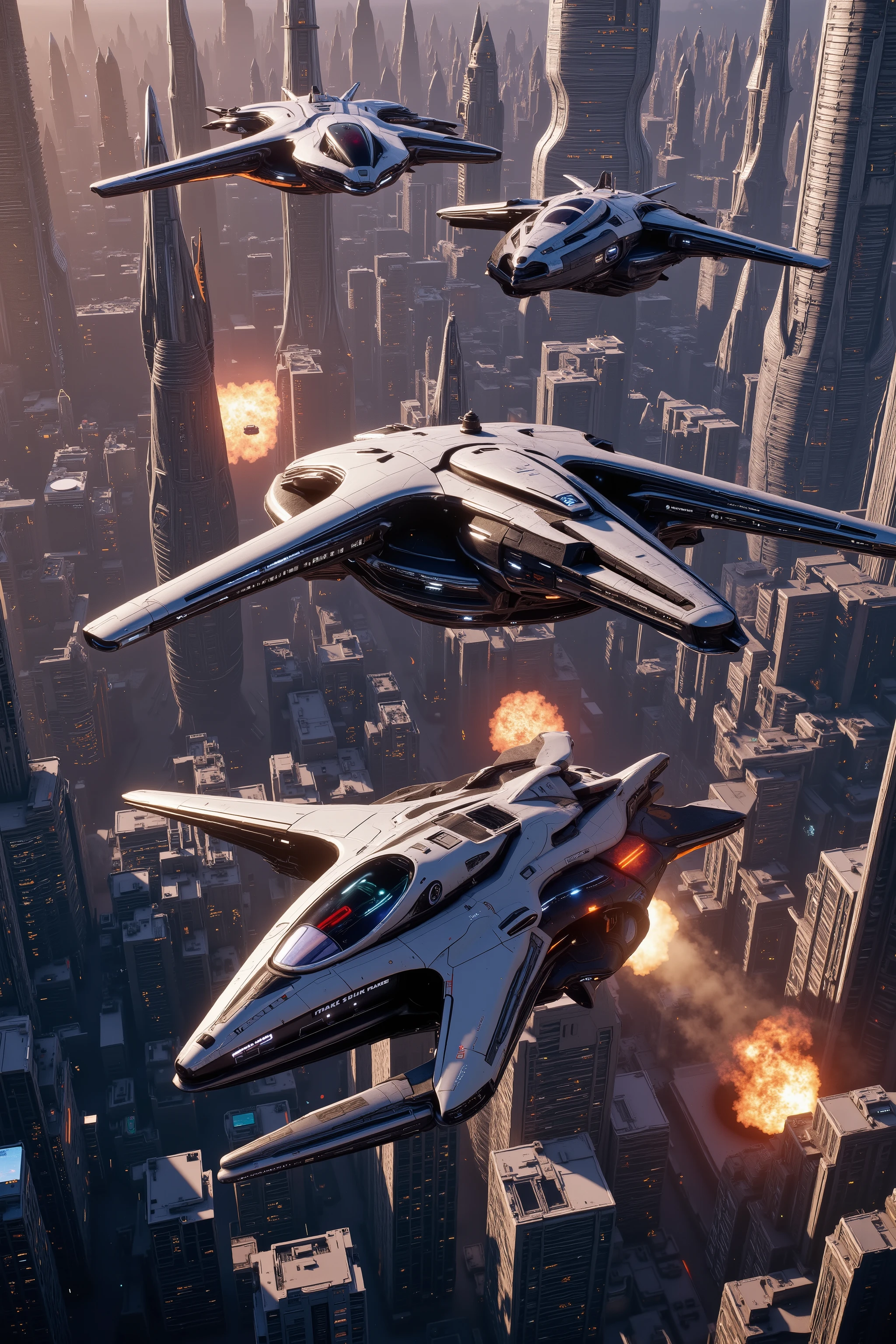 (best quality,4k,8k,highres,masterpiece:1.2), ultra-detailed. Space vehicles fly around shooting at each other in the middle of a crowded super city in the future. Iconic images. Different spacecraft fly and crash into buildings and in the street. Ultra realistic, realism, cinematic photography, cinematic lighting, cinematic portrait, portrait photography, cinematography, full focus, UHDR, visually disorienting, portrait photography, surrealism, etheral, cyberpunk cityscape, futurism, highest quality, masterpiece.