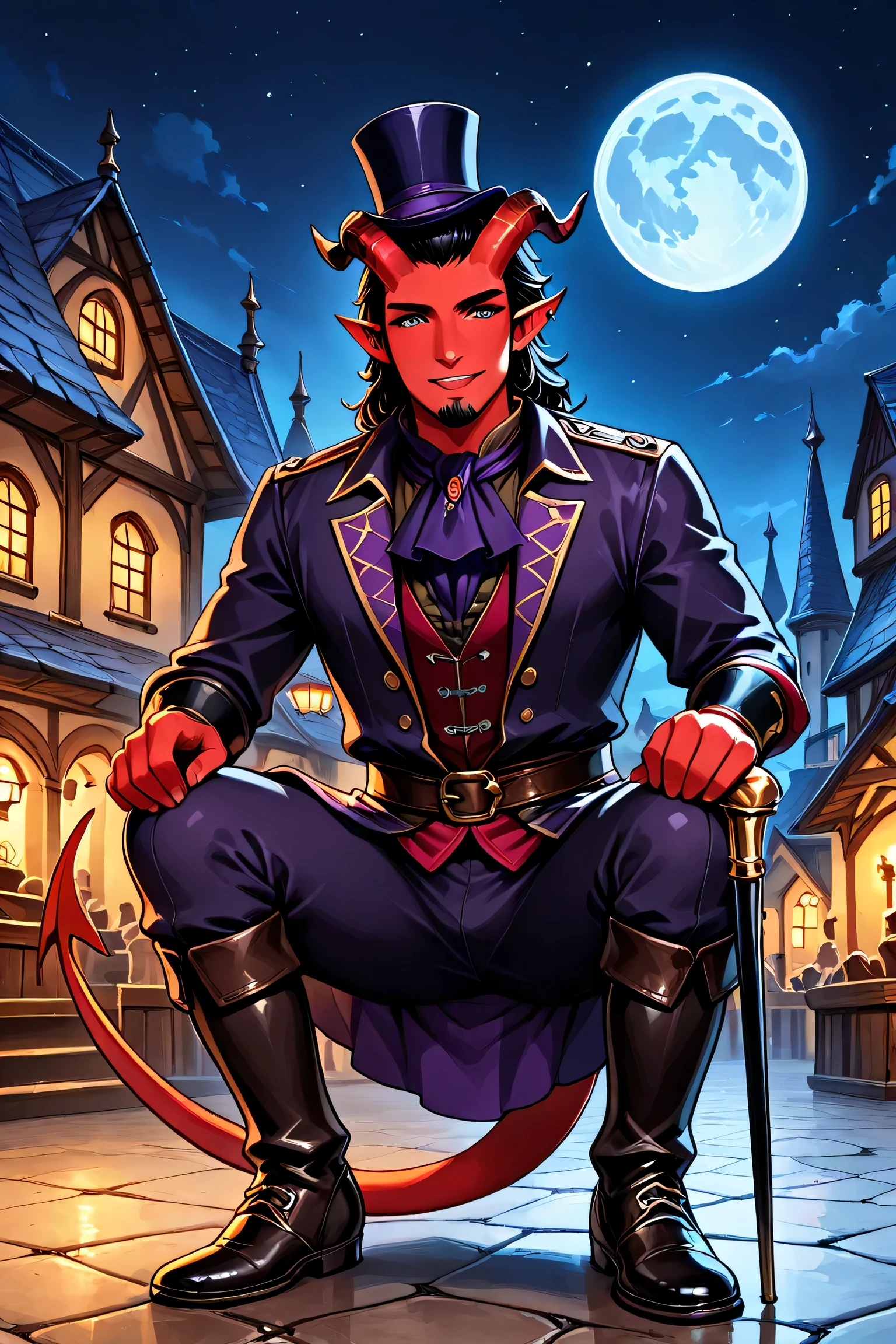 tiefling, horns, pointe ears, tail, solo, adult male, scarlet red skin, black hair, goatee, wearing bright purple top hat, (dark green colonial shirt), ((wearing black colonial era breeches)), black 18th century shoes, dazzling, charismatic, charming, holding a cane sword like a wand, rouge, trickster, ((performing in a village square near the coast)), night scene, colonial style buildings, full moon in sky, dungeons and dragons, fantasy art, close up, npcp