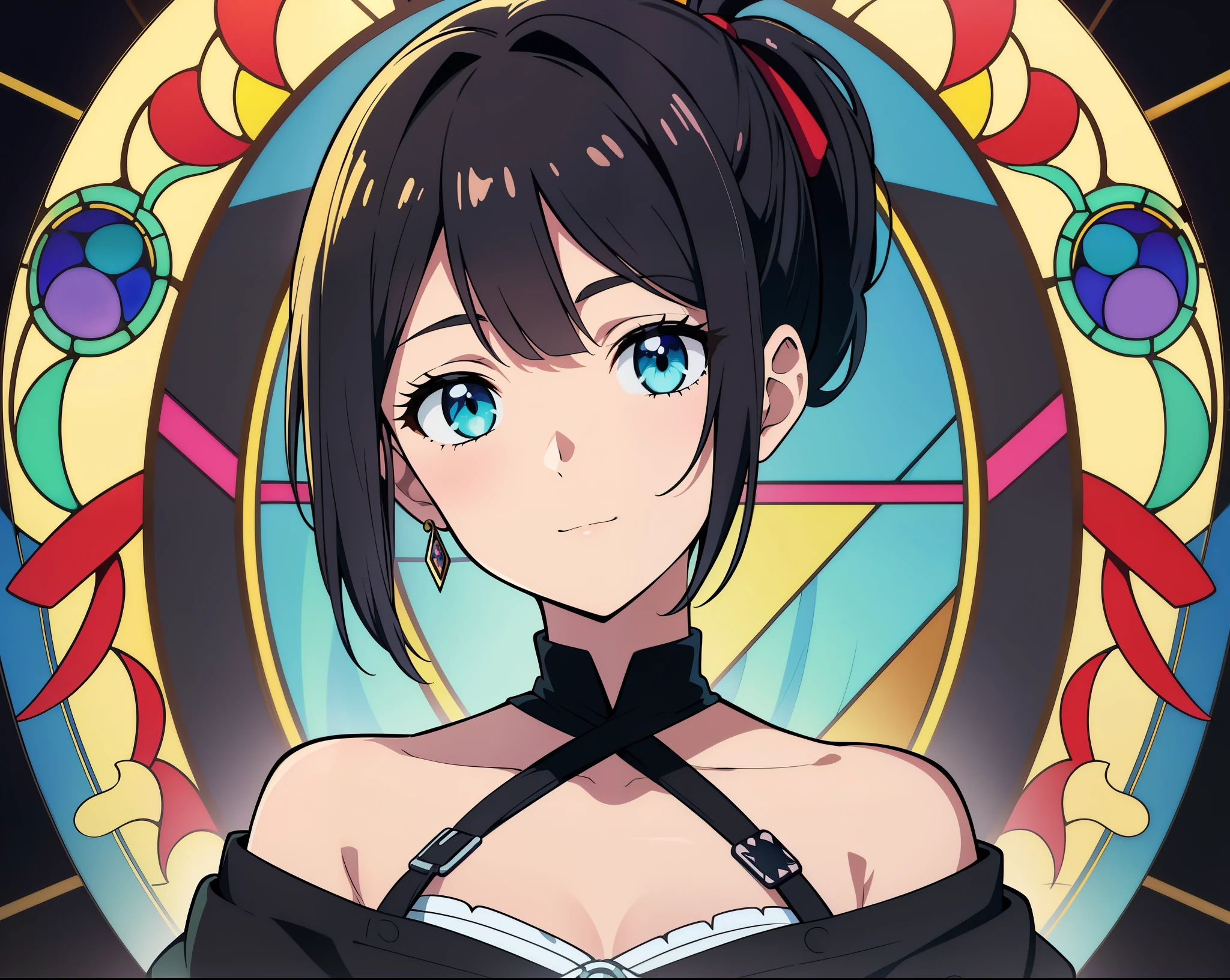(high-quality, breathtaking),(expressive eyes, perfect face) portrait, halfbody, 1girl, female, solo, ager, Symmetrical Eyes, , cyan color eyes, short hair length, soft flowy hair, soft smile, side bangs, braid hair, red ribbon, ribbon behind hair, mini braids hairstyle, ponytail hairstyle, looking at viewer, happy expression, blonde hair color, black hair color, multicolored hair, stain glass mirror lighting background, Chloe Price Character, modern clothing, tunic, shawl, tarot card frame,