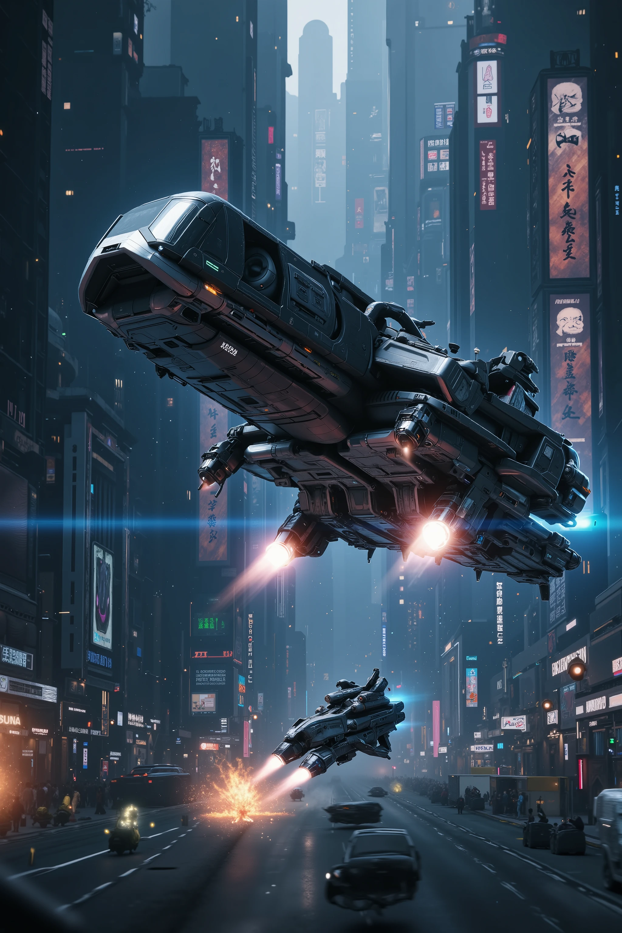 (best quality,4k,8k,highres,masterpiece:1.2), ultra-detailed. Space vehicles fly around shooting at each other in the middle of a crowded super city in the future. Iconic images. Different spacecraft fly and crash into buildings and in the street. Ultra realistic, realism, cinematic photography, cinematic lighting, cinematic portrait, portrait photography, cinematography, full focus, UHDR, visually disorienting, portrait photography, surrealism, etheral, cyberpunk cityscape, futurism, highest quality, masterpiece.
