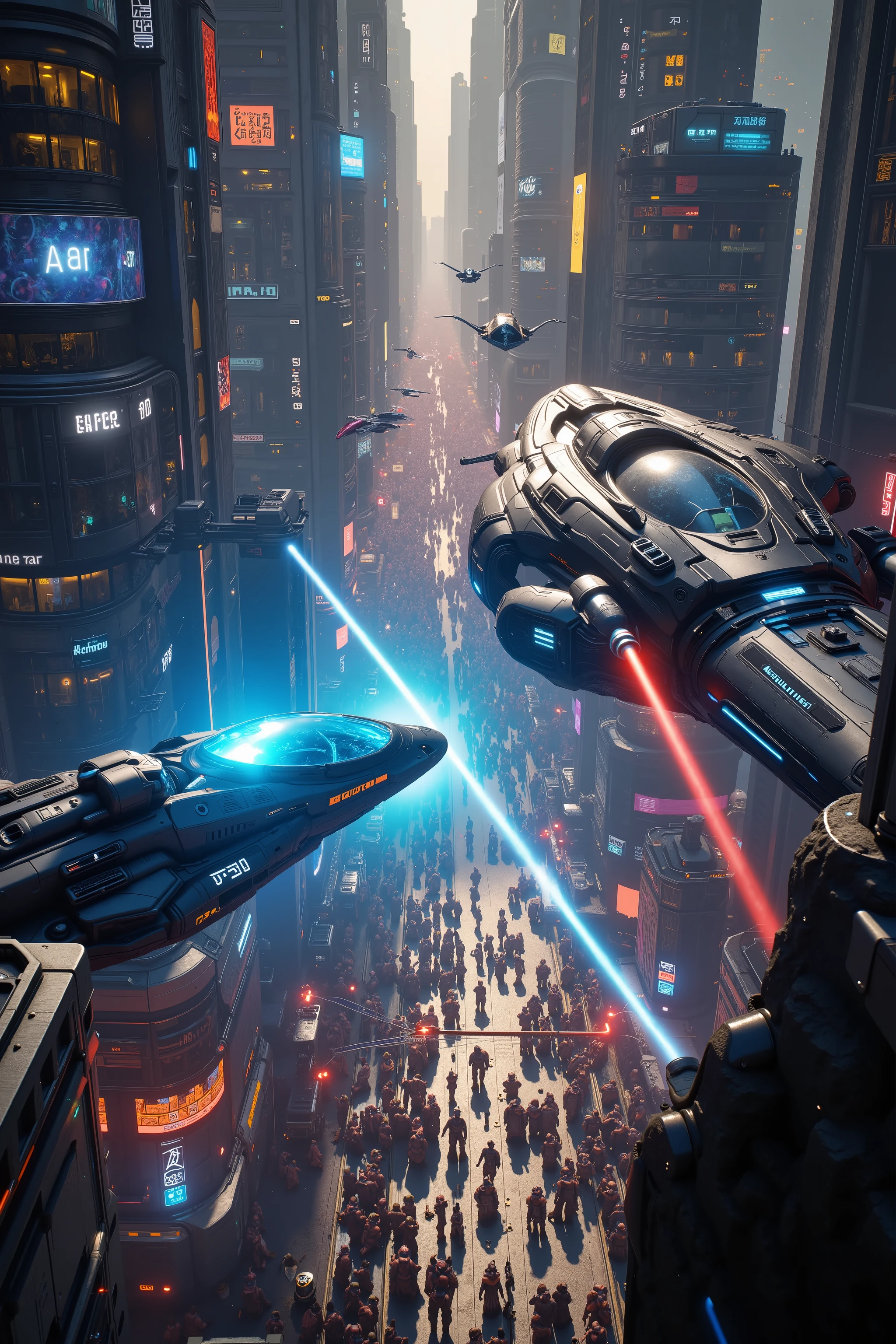 (best quality,4k,8k,highres,masterpiece:1.2), ultra-detailed. Space vehicles fly around shooting lazers at each other in the middle of a crowded super city in the future. Iconic images. Different spacecraft fly and crash into buildings and in the street. Ultra realistic, realism, cinematic photography, cinematic lighting, cinematic portrait, portrait photography, cinematography, full focus, UHDR, visually disorienting, portrait photography, surrealism, etheral, cyberpunk cityscape, futurism, highest quality, masterpiece.