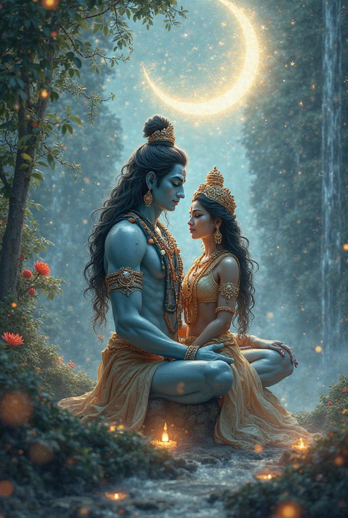 A serene nighttime scene featuring Hindu deities, Lord Shiva and Goddess Parvati, set against a mountainous backdrop illuminated by a full moon. Shiva, with blue skin and adorned with a trident, sits gracefully, while Parvati, elegantly dressed in a silver and gold saree, sits closely beside him, exuding tranquility. Lanterns glow softly around them, and delicate butterflies flutter in the air, enhancing the ethereal atmosphere of the moment.