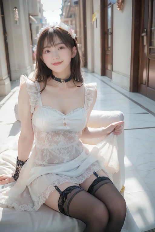 Arapefi, （see-through princess dress，1.5）， Look up at the camera， wearing high heels，Place your hands on your chest，Wear a crown，choker necklace，ssmile，next to a window, In the castle, Sense of transparency，Expose cleavage，Turn around and look at the camera，tmasterpiece，Flawless，Sense of transparency，Empty inspiration，More details and decoration，Exposing thighs，8K，（Wear decorations such as rings，1.9），White-colored skin，Ornate ornament，White waist stockings，one-girl，(Dissection is correct，PremiumQuality, high detal, Masterpiece）