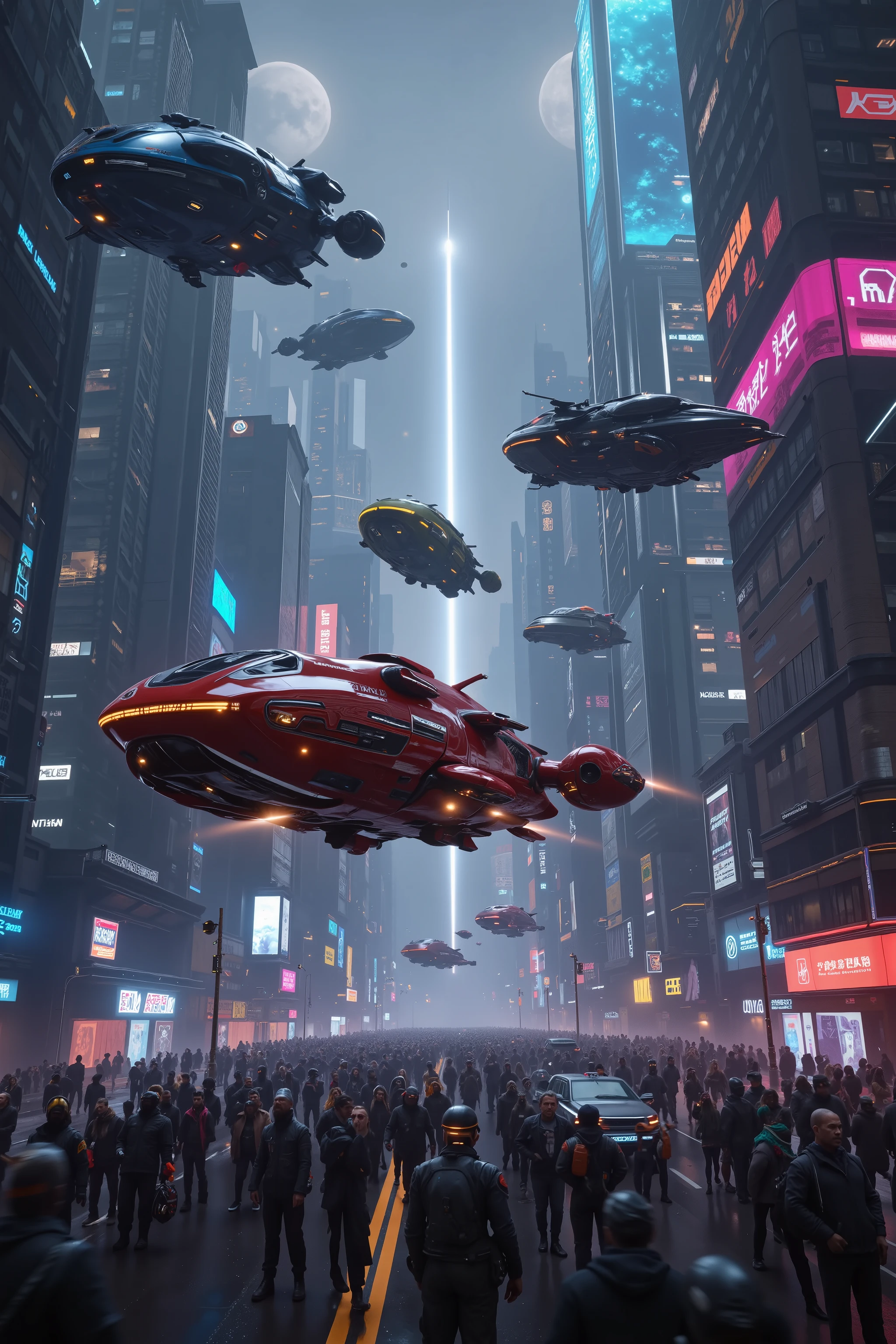 (best quality,4k,8k,highres,masterpiece:1.2), ultra-detailed. Space vehicles fly around shooting lazers at each other in the middle of a crowded super city in the future. Iconic images. Different spacecraft fly and crash into buildings and in the street. Ultra realistic, realism, cinematic photography, cinematic lighting, cinematic portrait, portrait photography, cinematography, full focus, UHDR, visually disorienting, portrait photography, surrealism, etheral, cyberpunk cityscape, futurism, highest quality, masterpiece.