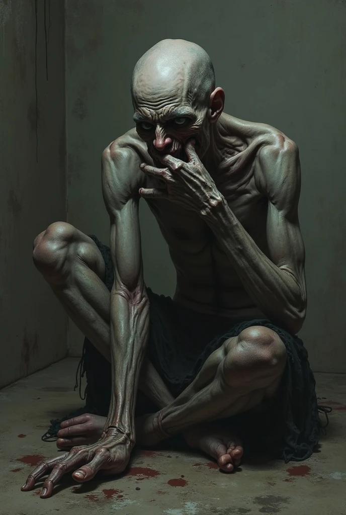 In a dimly lit room, a person sits cross-legged on the floor, their face etched with quiet determination. Their gaunt frame and hollow cheeks are illuminated by the soft glow of a single candle, casting long shadows on the walls. Beside them, untouched plates of food and glasses of water sit cold and neglected. The contrast between their emaciated form and the abundant, still food emphasizes the sacrifice they make in their devotion. Their eyes, focused and serene, reflect a profound sense of commitment and inner strength. The scene poignantly captures the essence of asceticism, where the physical toll of their restraint stands in stark contrast to the material abundance that remains out of reach.