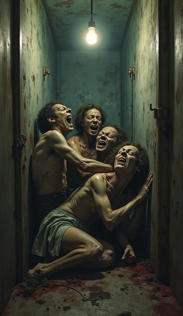 a group of naked people in a psychiatric hospital, people dancing while holding their legs, hyper realistic, highly detailed, 8k, cinematic lighting, unsettling, disturbing, horror, dark fantasy, moody atmosphere, muted colors, chiaroscuro lighting