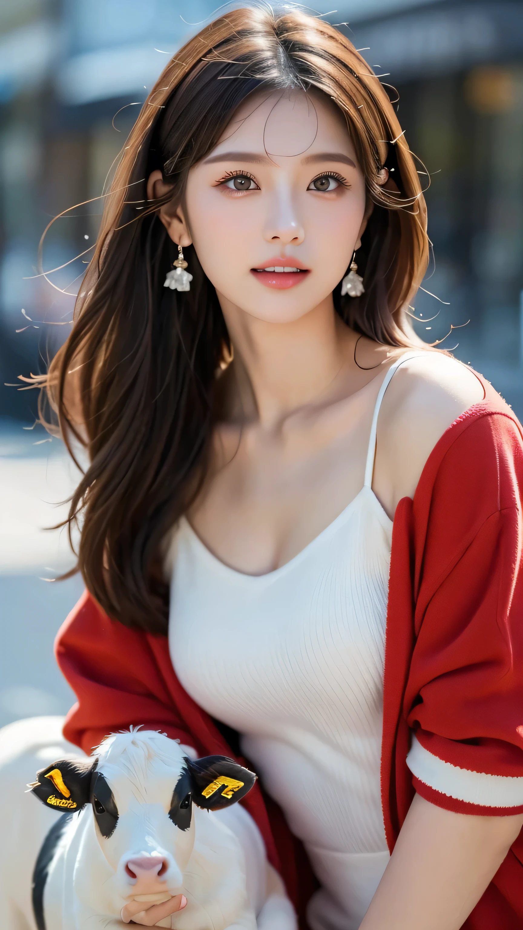 Highest quality,8k, very detailed, in fine detail, high resolution, 8K wallpaper, Perfect Dynamic Composition, eyes with attention to detail, beautiful eyes、looking at the camera、Perfect Dynamic Composition, Big beautiful eyes, beautiful face,Fine hair, realistic skin texture in every detail , Model body type、slender bodyー、A tight, slim waist、full body, well-balanced beautiful face, beautiful face, Realistic and beautiful skin Ultra high resolution, High Quality,slender bodyー、slender body、 thin body、looking at the camera、 super real、very detailedな顔、White teeth、White teeth、 thin body、Full body images、small bust、Small Mouth、Full body images、slender body、 small hips、Beautiful white teeth 、Beautiful white teeth 、earrings、 beautiful brown hair 、Disheveled Hair、 sparkling eyes、 beautiful fingers for cows、 super real、 photography、REAL SKIN TEETH 、Beautiful Japanese woman with dark eyes 、realistic pictures、 kind expression、 black mini dress、I'm wearing a red jacket、