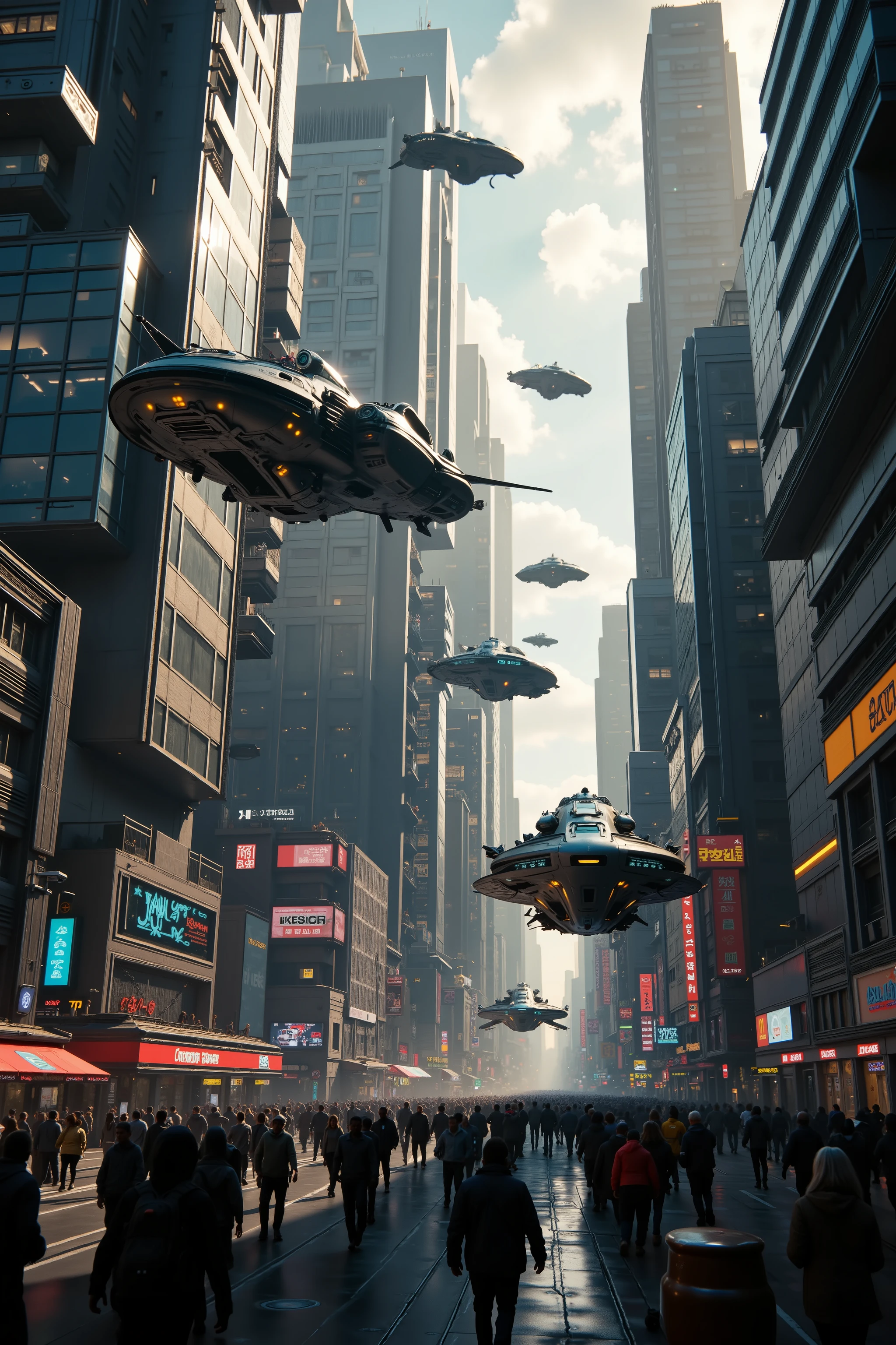 (best quality,4k,8k,highres,masterpiece:1.2), ultra-detailed. Space vehicles fly around shooting at each other in the middle of a crowded super city in the future. Iconic images. Different spacecraft fly and crash into buildings and in the street. Ultra realistic, realism, cinematic photography, cinematic lighting, cinematic portrait, portrait photography, cinematography, full focus, UHDR, visually disorienting, portrait photography, surrealism, etheral, cyberpunk cityscape, futurism, highest quality, masterpiece.