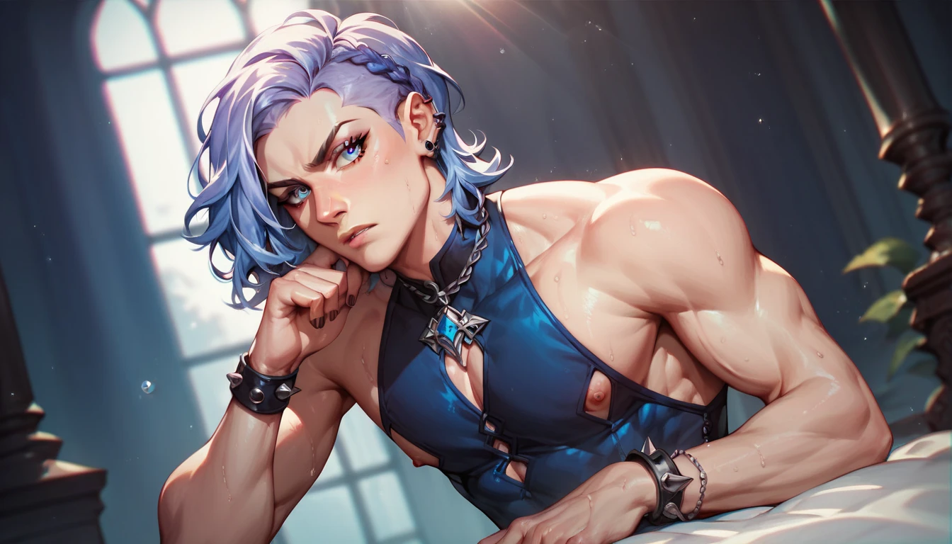 "A shapeshifter with curly PurpleGrey hair, Dove Grey eyes, and stubble, dressed in seductive lingerie." (MALE)