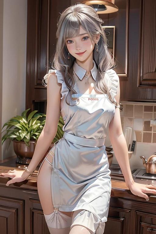 (best quality, ultra-detailed, photo-realistic:1.37), silver long hair, dreamy blue eyes, joyful woman cracking an egg with chopsticks, soft lighting, pink apron, illustration, bangs, flowing hair, gentle breeze, shiny strands of hair, thick egg white, close-up shot of black stockings.