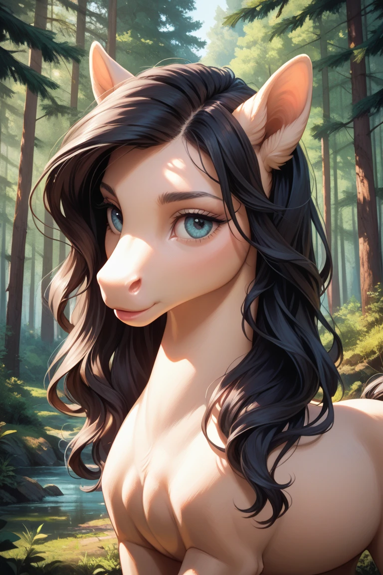 by Kenket, Ruan Jia, Chunie, Bonifasko, Extremely beautiful pony maiden, mane, nude, naked, detailed breasts, detailed vagina, , runic artifacts, epic shoulders, visible belly, super slim waistline, graceful figure, realistic anatomy, slender body, 8k image, detailed face of fantasy female pony character. furry, anthro, pony, equine, small breasts, bathing in lake,