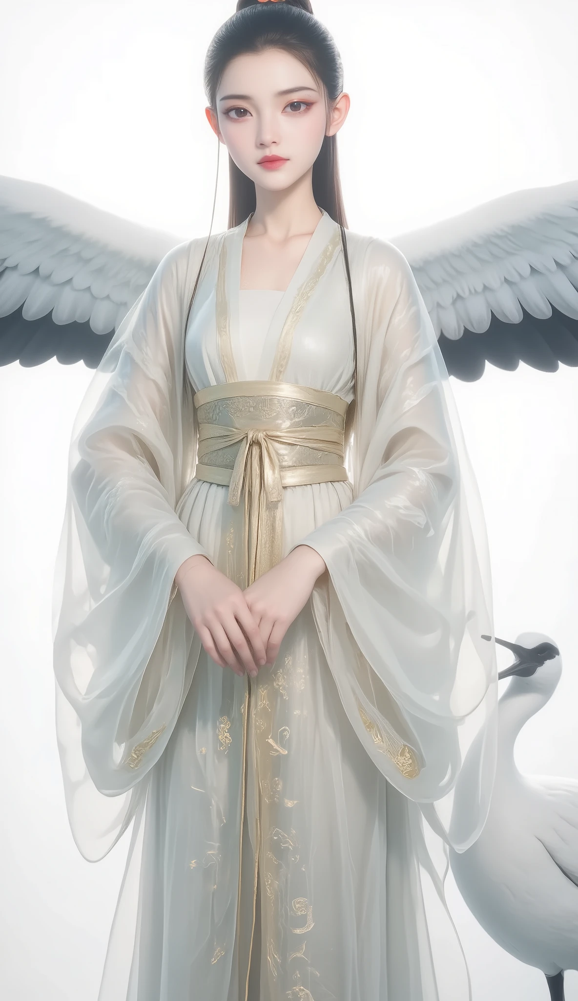 a girl, Ancient Chinese clothing, full body, sunshine, Clear face, Clean White Background , masterpiece, super detailed, Epic Composition, Ultra HD, high quality, Extremely fine, Official Art , Clear 8k Wallpaper , super detailed, 32K,CG,crane girl,Stockings