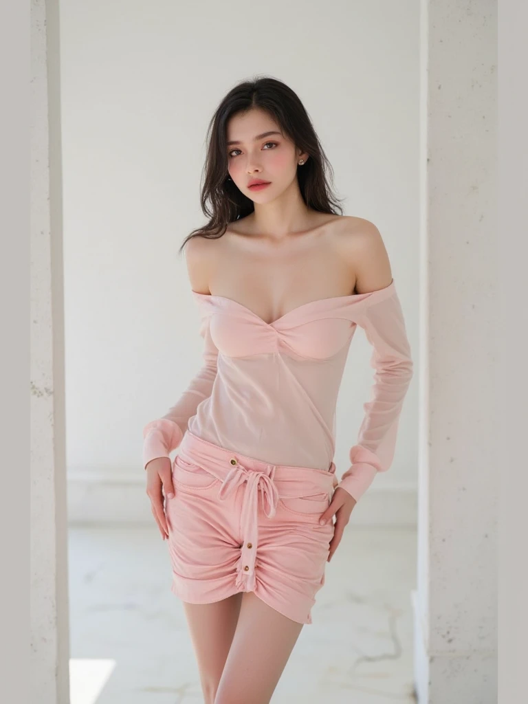photo of 20 y.o girl in a sheer fabrics lingerie, short wavy pink twintails, pale skin, heterochromia eye, mole below eye, thick eyebrows, freckles, hoodie, shorts, medium breast, small waist, wide thighs, thigh gap, on bathroom, ((see-through)), 8k uhd, dslr, soft lighting, high quality, film grain, Fujifilm XT3,