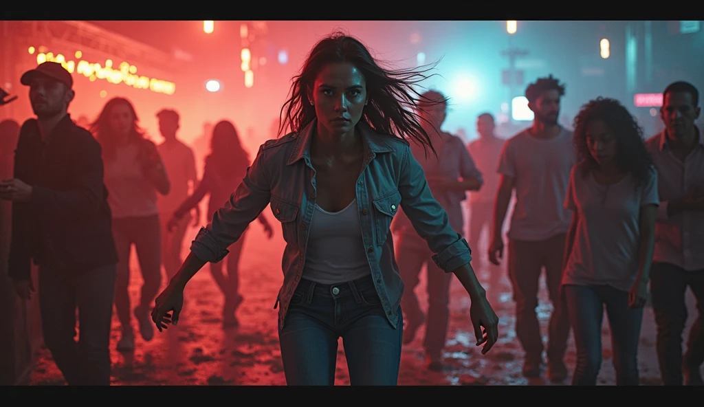 A woman clothes stained with blood, hand holding knife, carry a backpack. The area is Thai urban street with tuk-tuk car behind. Zombies are around trying to reach her
