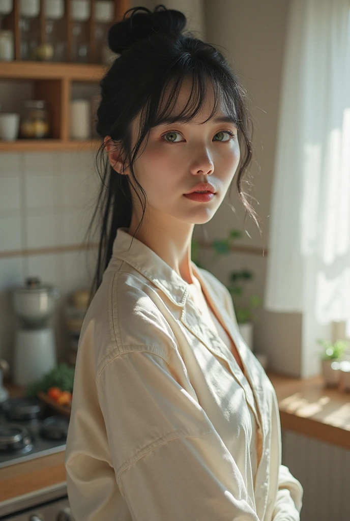 1girl, solo, skinny, slim legs, pale skin, smooth skin, beauty, light makeup, small breasts, looking at viewer,
oversized shirt dress, no pants, bare legs, see-through silhouette,
kitchen, kitchen counter, near window,
(masterpiece:1.2), best quality, ultra high res, raw photo, perfect lighting, soft light, rim light, (realistic, photorealistic:1.4),