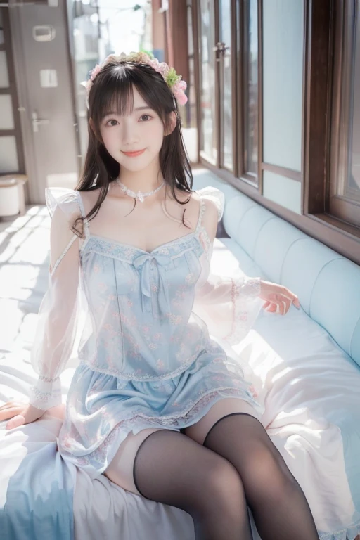 Bathrobes,bare shoulder,(open mouth:1.5),(tongue out:2),lying,hand between legs,overhead shot,front view,face focus,(1girl,Beautiful 14 year old girl,teenager),((Slender,Small breasts,Small face,)),(looking at viewer),Black Hair,bangs,one side up,Beautiful and detailed,(Dimly lit room:1.5),White bed,pillow,Mischievous smile