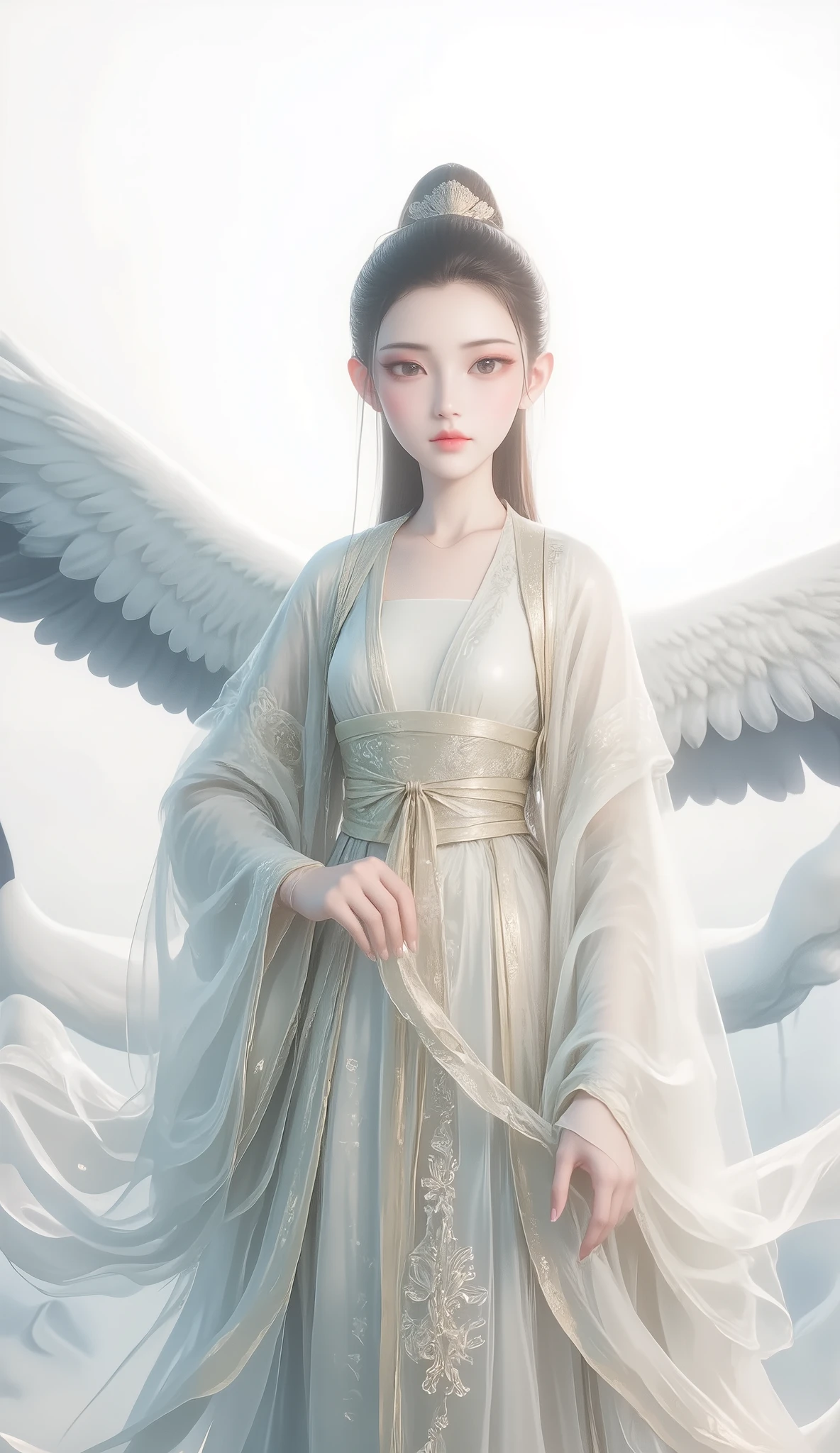 a girl, Ancient Chinese clothing, full body, sunshine, Clear face, Clean White Background , masterpiece, super detailed, Epic Composition, Ultra HD, high quality, Extremely fine, Official Art , Clear 8k Wallpaper , super detailed, 32K,CG,crane girl,Stockings