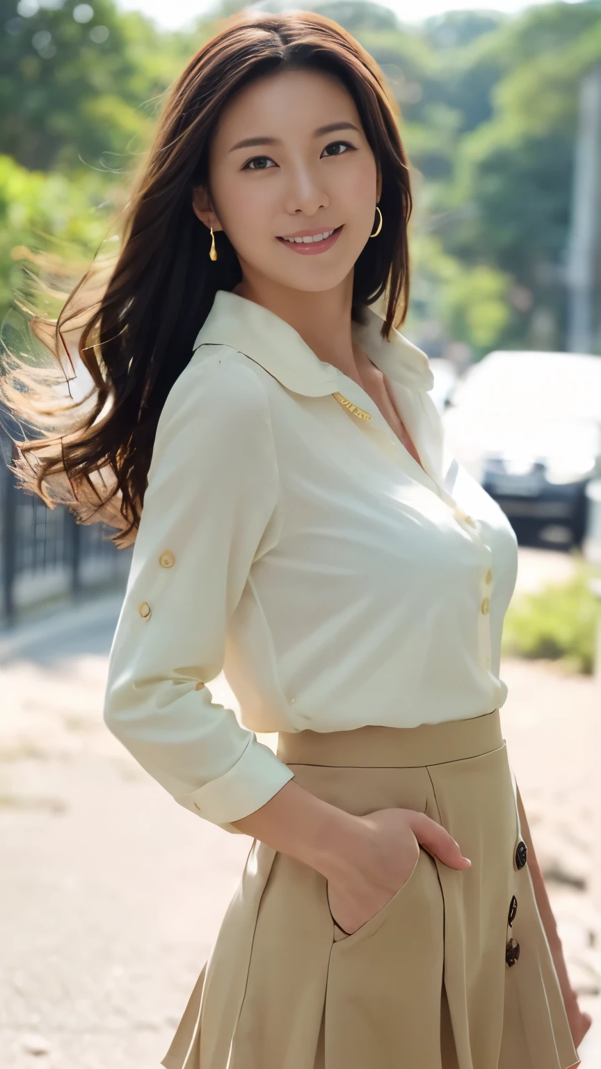 masterpiece, Highest quality, photorealistic, 超high resolution, fine-grained, high resolution,  8k Wallpaper, 1 beautiful woman,, Light Brown Disheveled Hair,  wearing a business suit , sharp concentration, perfect dynamic composition, beautiful detail eye,  detailed hair , detailed realistic skin texture, smile, Closeup Portrait,  model body type being committed in vs 、((Very long brown hair:1.2))、(( loose wavy hair :1.2)),((はにかんだsmile:1.3)),((gold necklace＿big earrings:1.2)),  full body shot 、(((Full-body supermodel standing,   full body shot ,   show my whole body ))),(( White Long Sleeve Button Up Blouse_ with collar_Delete up to the second button＿  brown pleated mini skirt  :1.3)),((smileで_ running towards here_ Long Hair Fluttering :1.3))