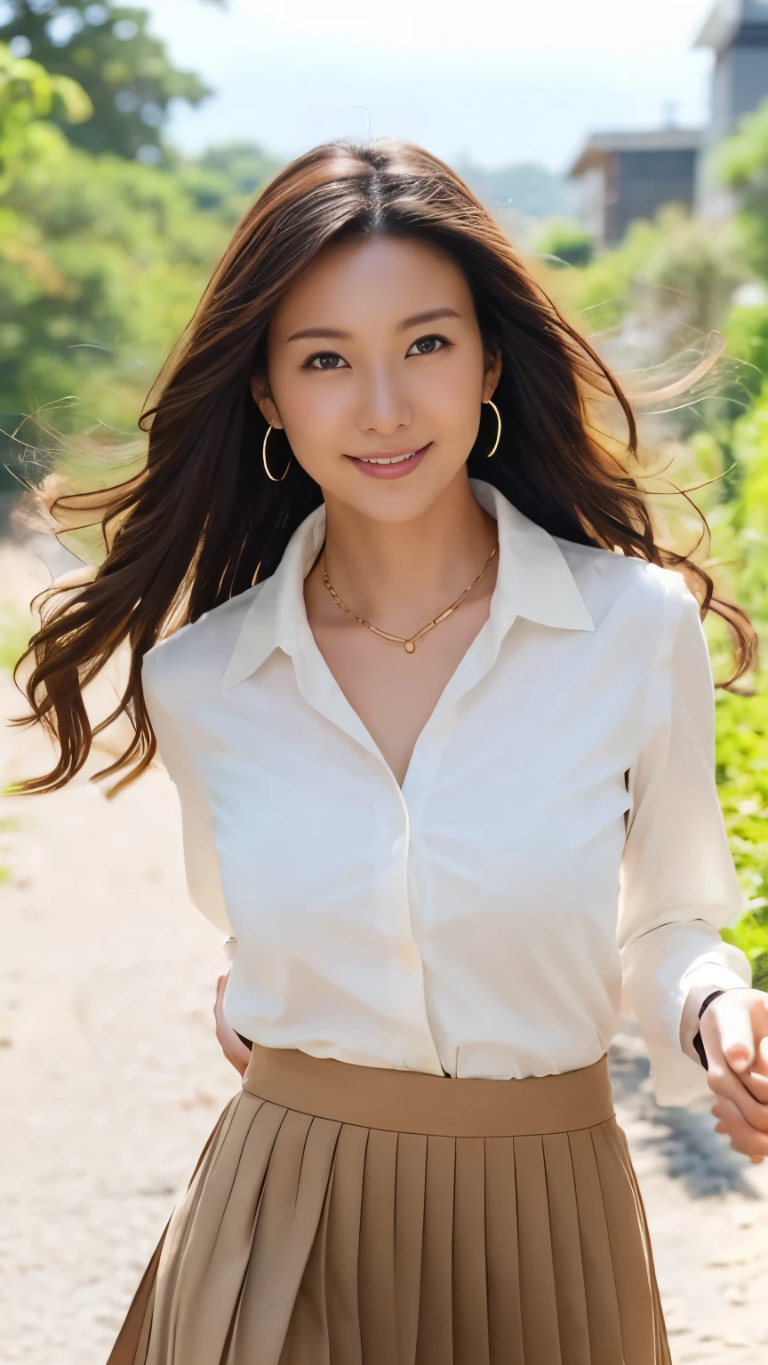 masterpiece, Highest quality, photorealistic, 超high resolution, fine-grained, high resolution, 8k Wallpaper, 1 beautiful woman,, Light Brown Disheveled Hair, wearing a business suit , sharp concentration, perfect dynamic composition, beautiful detail eye, detailed hair , detailed realistic skin texture, smile, Closeup Portrait, model body type being committed in vs 、((Very long brown hair:1.2))、(( loose wavy hair :1.2)),((はにかんだsmile:1.3)),((gold necklace_big earrings:1.2)), full body shot 、(((Full-body supermodel standing, full body shot , show my whole body ))),(( White Long Sleeve Button Up Blouse_ with collar_Delete up to the second button_ brown pleated mini skirt :1.3)),((smileで_ running towards here_ Long Hair Fluttering :1.3))
