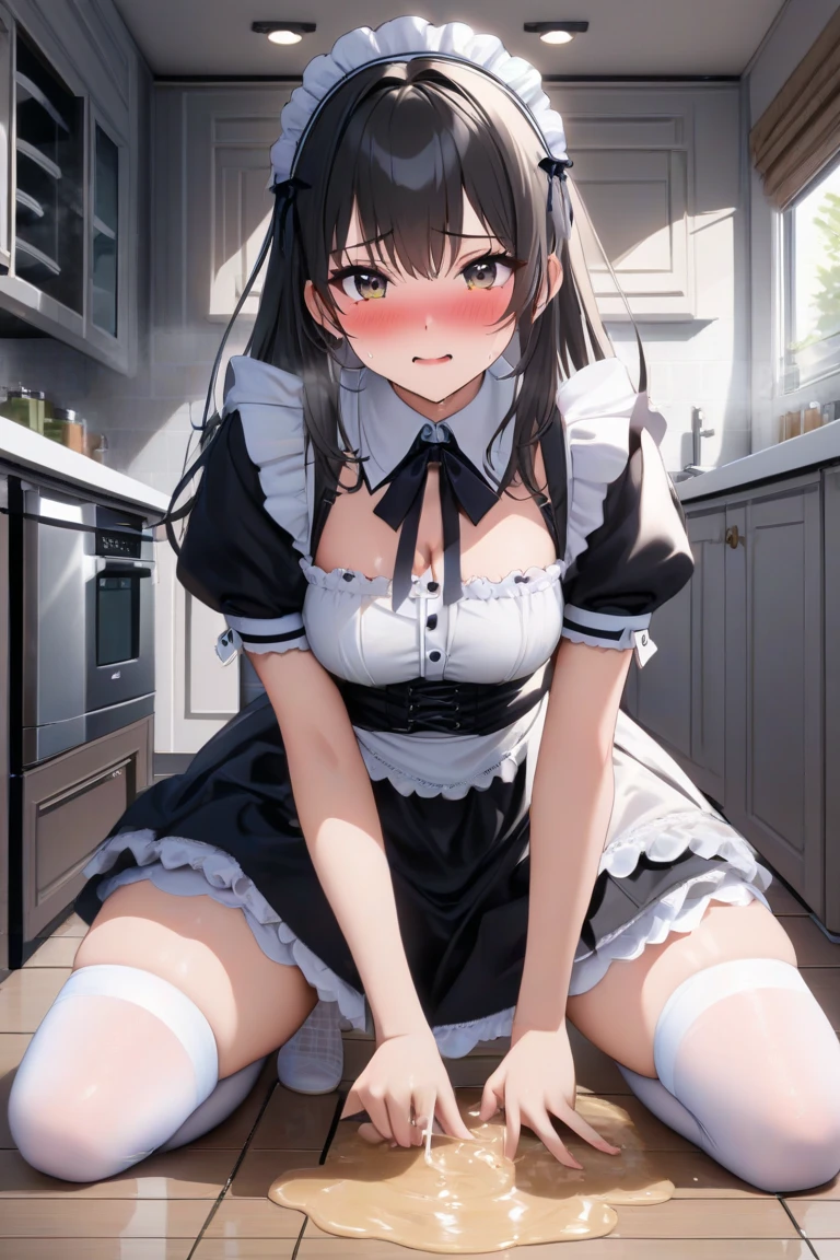 Long black hair , Wearing a maid outfit, Kneel, Feet and five fingers, More meat, Cute 2D, background backlightHD  