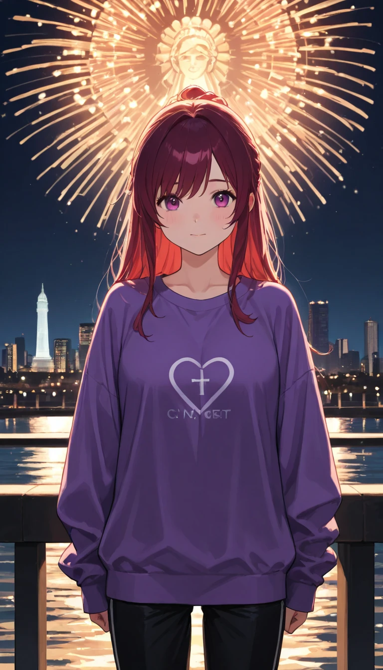 highdefinition images、 night city、 Statue of Liberty illuminated by moonlight、 1 girl、 One person、 facial details 、 maroon hair、 beautiful eyes、 watching viewers 、 全身 highdefinition images、 girl walks along the Hudson River with heavy traffic to see、cowboy shot、 I closed my mouth 、 facial details 、 purple sweatshirt 、 black pants 、 Statue of Liberty in a slightly distant position。