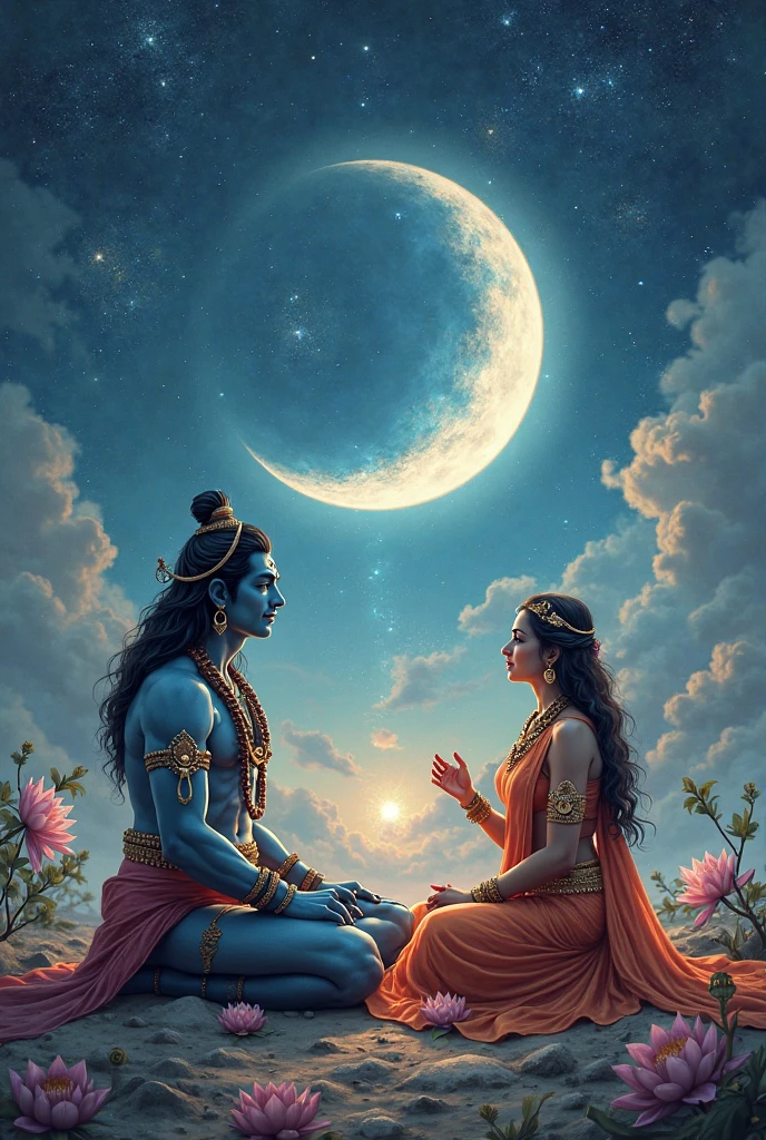 a painting of a man and woman sitting on a crescent, lord shiva, shiva, god shiva the destroyer, ☁🌪🌙👩🏾, from ramayan, beautiful godrays, beautiful depiction, god of moon, hindu gods, hindu aesthetic, hindu art, trending ，, hinduism, goddess of love and peace, very beautiful photo, 8k))