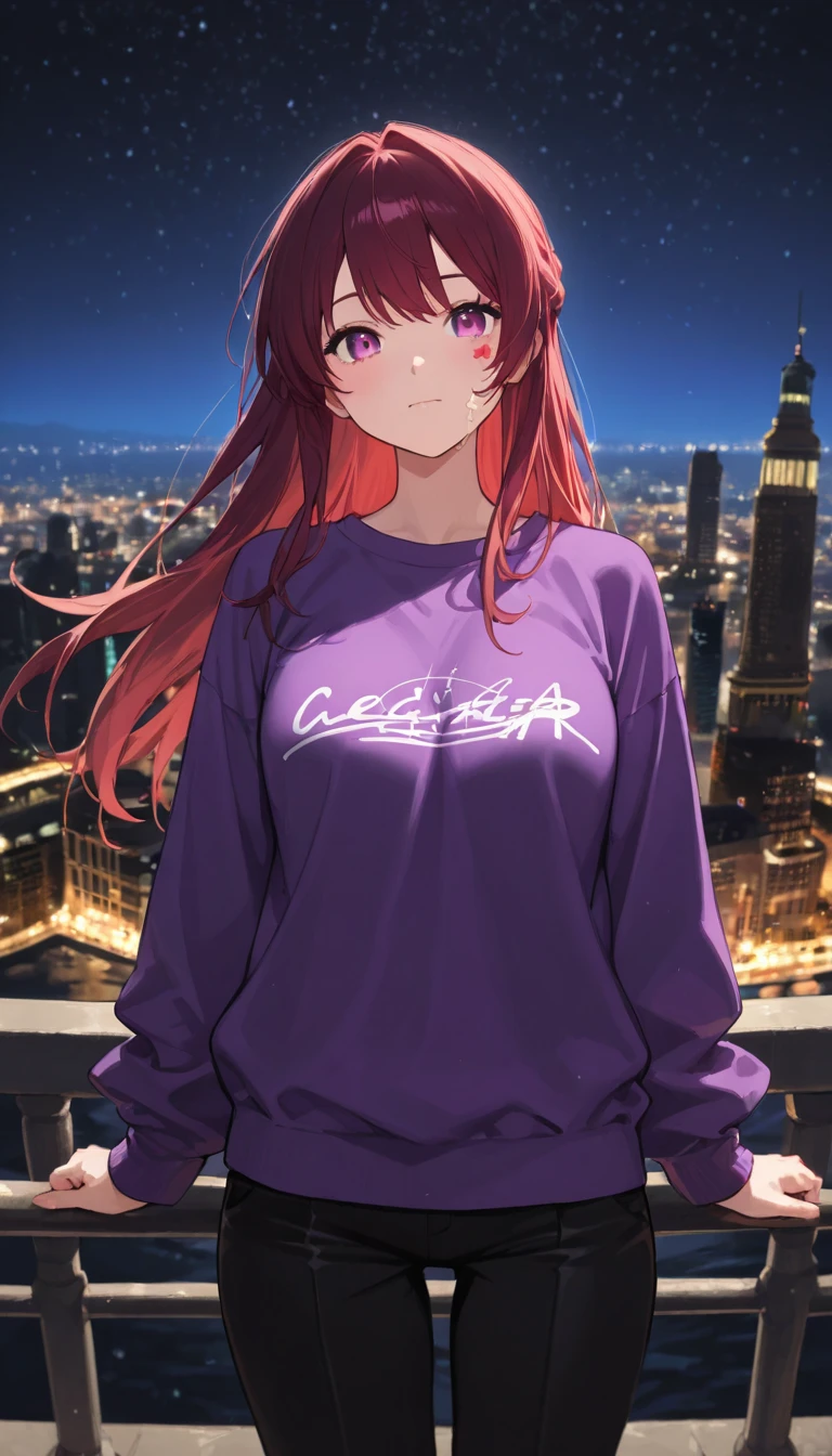 highdefinition images、 night city、 Statue of Liberty illuminated by moonlight、 1 girl、 One person、 facial details 、 maroon hair、 beautiful eyes、 watching viewers 、 全身 highdefinition images、 girl walks along the Hudson River with heavy traffic to see、cowboy shot、 I closed my mouth 、 facial details 、 purple sweatshirt 、 black pants 、 Statue of Liberty in a slightly distant position。