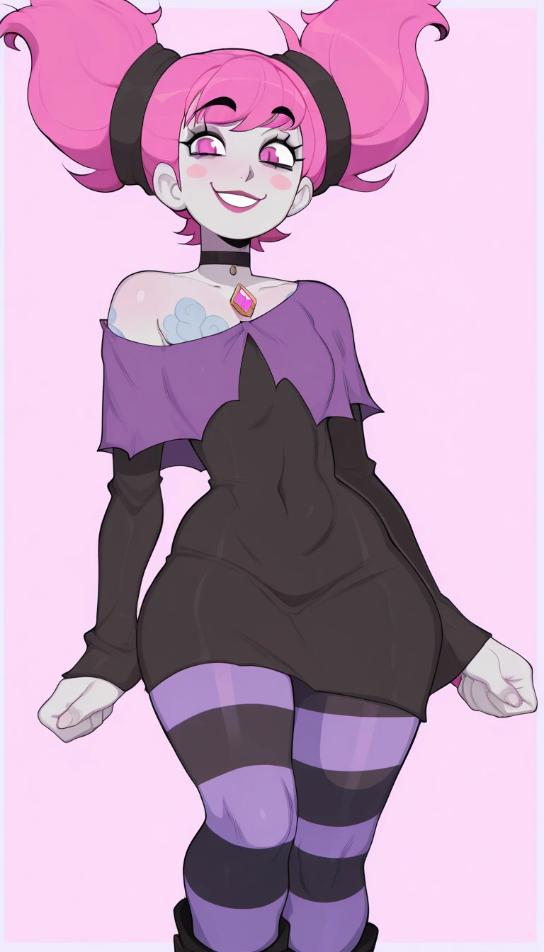 JinxTT, gray skin, solo, standing,1girl, mischievous smile, thin female, purple capelet, choker, completely nude, pussy, baggy sleeves, black detached sleeves, striped thighhighs, black platform boots
