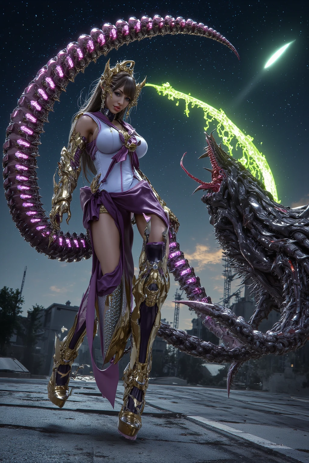 Black and purple giant snake behind a beautiful girl、a beauty girl、Sexy black armor、Purple eyes、Purple hair