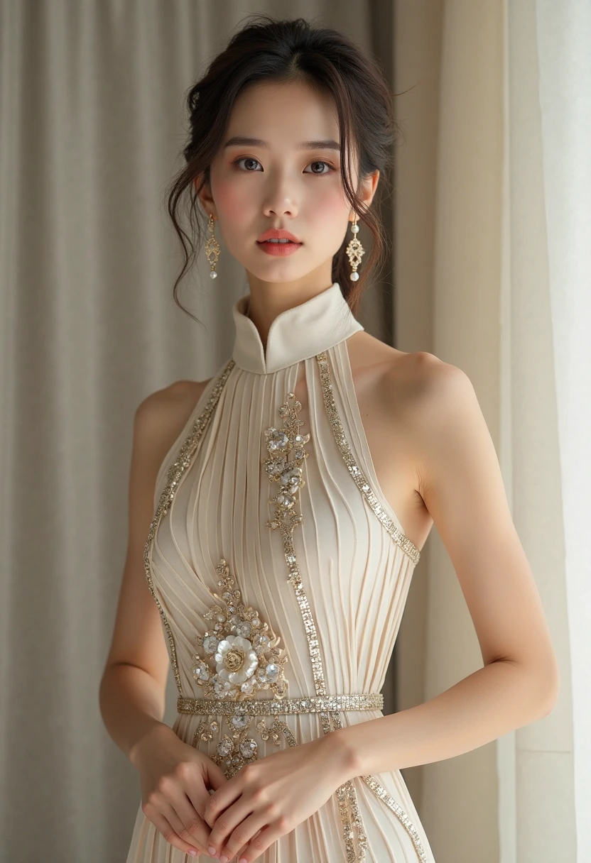 lady 1people,（full body figure:1.2),（nine heads and bodies:2.0）, small butt,(thin thighs),（long and thin legs: 2.0）,（Knees Stretch：2.0）,stand with legs closed,（height 2/3 is the leg:2.0）, (silver pumps:1.2), （Tight casual dress made of silver silk :1.3),  white choker, 25 years old, cute sexy little face, light  red lips, parted lips, sexy face, sexy young woman,  Beautiful smile, Medium chest, slender body shape, tight waist,  beautiful hands, thin shoulders, look at the audience,  standing position, bamboo forest morning