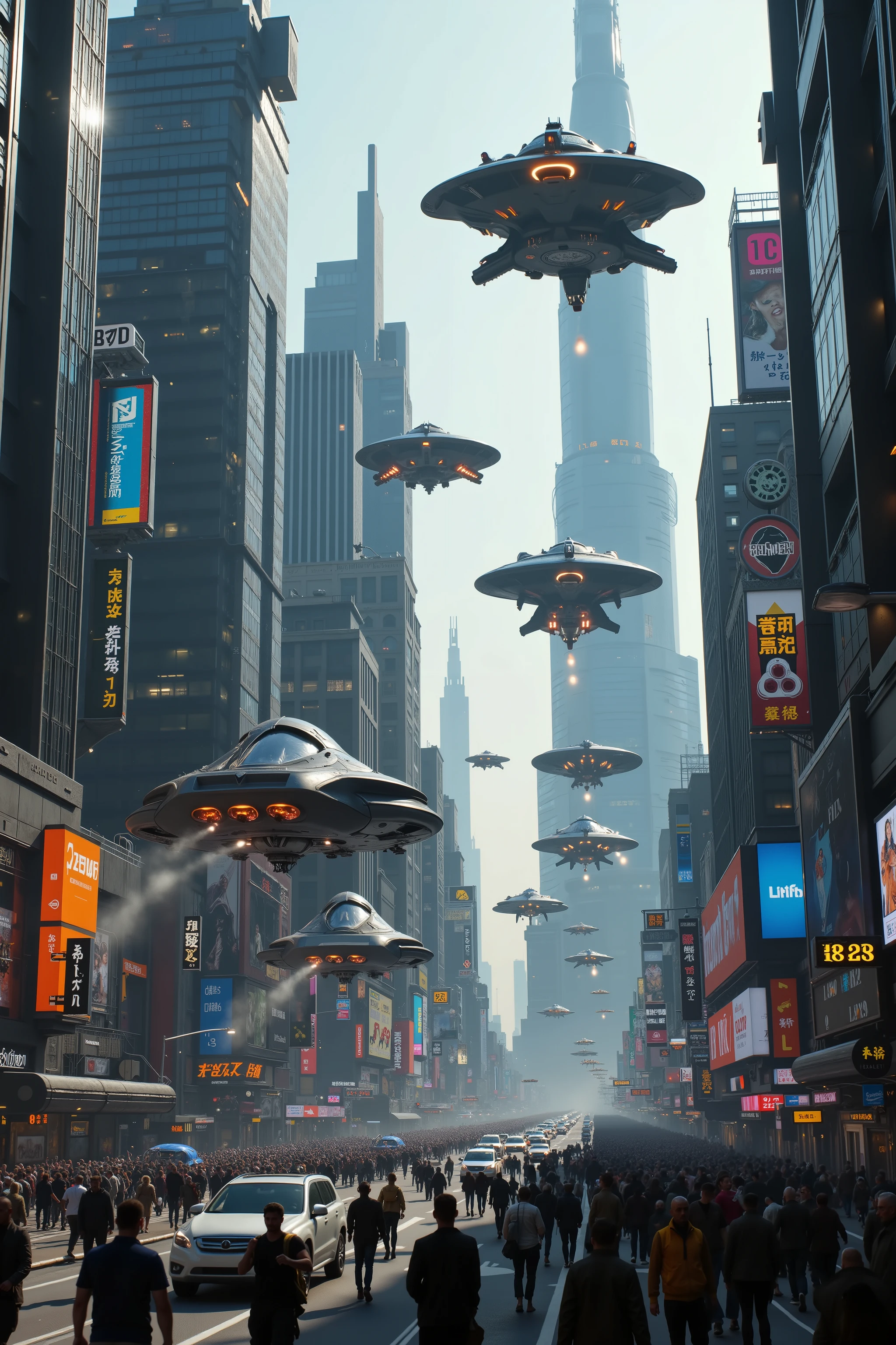 (best quality,4k,8k,highres,masterpiece:1.2), ultra-detailed. Space vehicles fly around shooting at each other in the middle of a crowded super city in the future. Iconic images. Different spacecraft fly and crash into buildings and in the street. Ultra realistic, realism, cinematic photography, cinematic lighting, cinematic portrait, portrait photography, cinematography, full focus, UHDR, visually disorienting, portrait photography, surrealism, etheral, cyberpunk cityscape, futurism, highest quality, masterpiece.